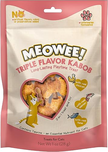 Triple Sabor Kabobs - Golosina para gatos, bolsa de 1 onza, regalo de larga duración para gatos hecho con pollo real, salmón y atún