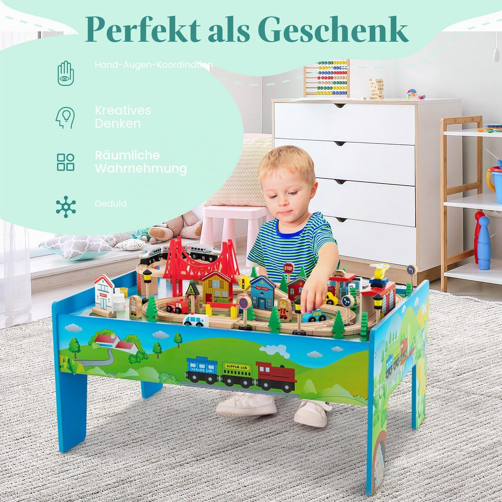 LIFEZEAL Spieltisch mit Holzeisenbahn, 80-teiliges Spielzeug-Set mit Schienen, Eisenbahnstrecke mit Autos, Hubschrauber & Flugzeug, Spielzeug Kindertisch mit Abnehmbarer Tischplatte
