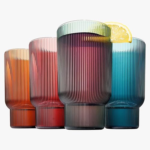 Shatterproof Acrylic Tall Drinking Glasses Set, European Style, Dishwasher Safe, Ribbed | Set of 4 | Fluted Tritan Drinkware, Unbreakable BPA-free Plastic, Reusable Stackable Glassware 14.5oz