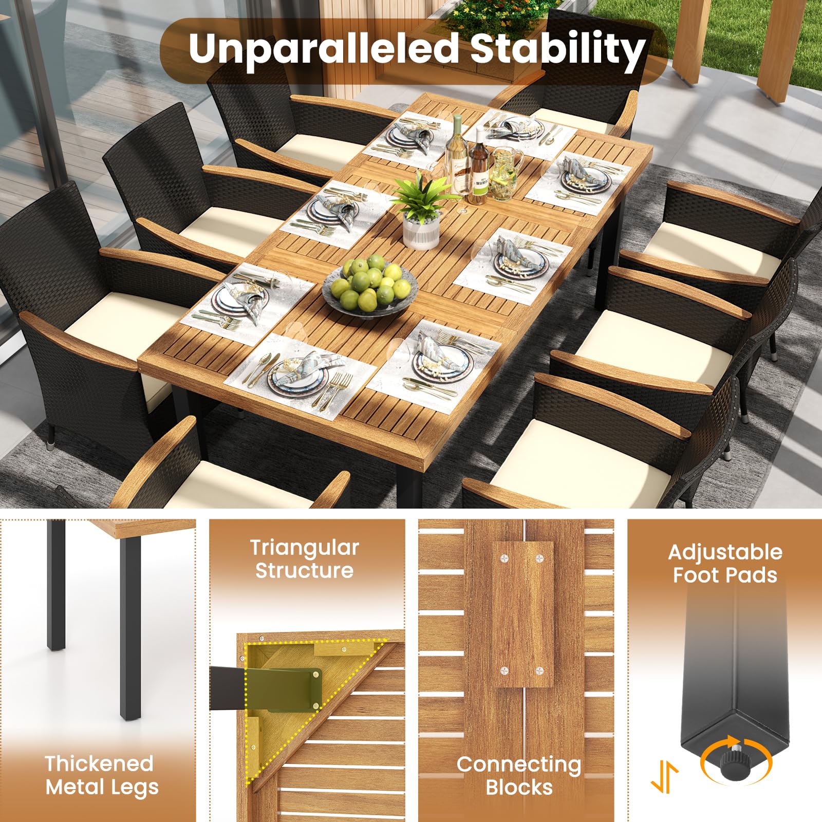 KOMFOTTEU Mesa de Jardín de Madera de Acacia, Mesa de Comedor con Agujero para Sombrilla, Mesas Rectangular para 8 Personas, 200 x 90/100 x 75 cm, para Terraza, Balcón, Patio (Modelo C)
