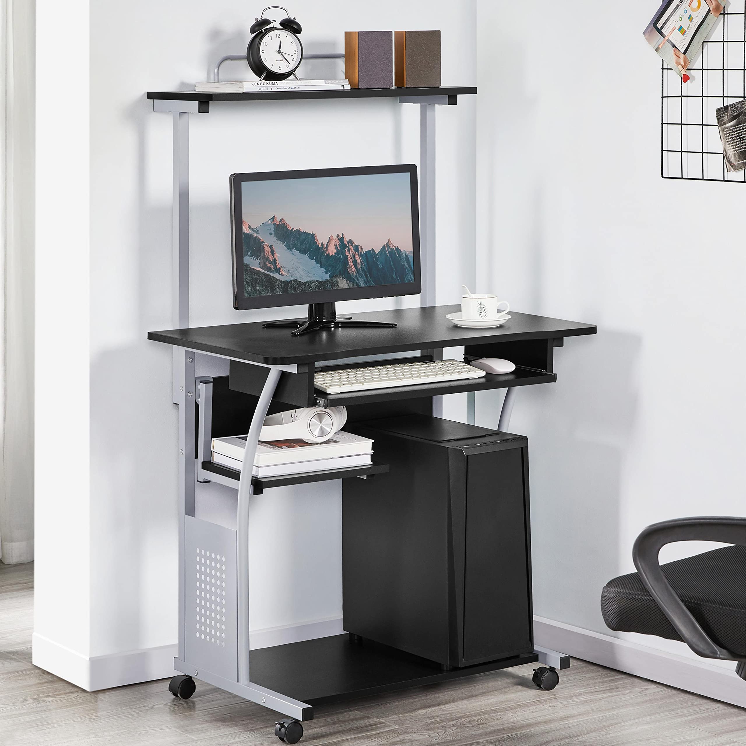 Yaheetech Mesa de Ordenador con Ruedas 80x50x132cm Mesa de Trabajo Móvil Escritorio con Estantería Bandeja para Teclado para Estudio Casa Oficina Negro