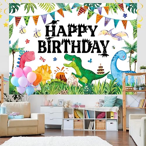 Miniatura 7 de Cartel de cumpleaños de dinosaurio para niños, telón de fondo de dinosaurios, dibujos animados, dinosaurios, decoración de fiesta de cumpleaños,