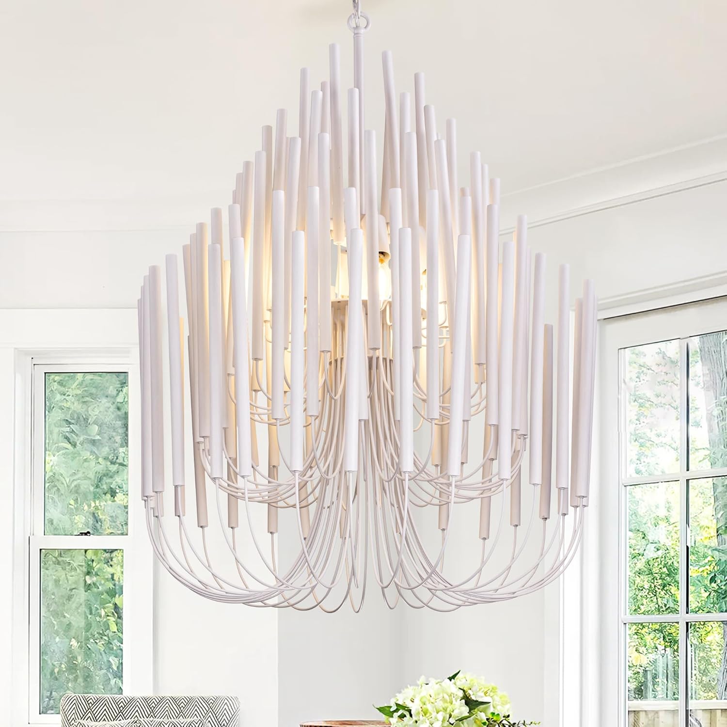 TOCHIC Modern Farmhouse Chandelier for Dining Room 21", Small Vintage White Wood Chandeliers Light for Living Room, Rustic Pendant Lighting Fixture Ceiling Hanging for Foyer Bedroom Entryway