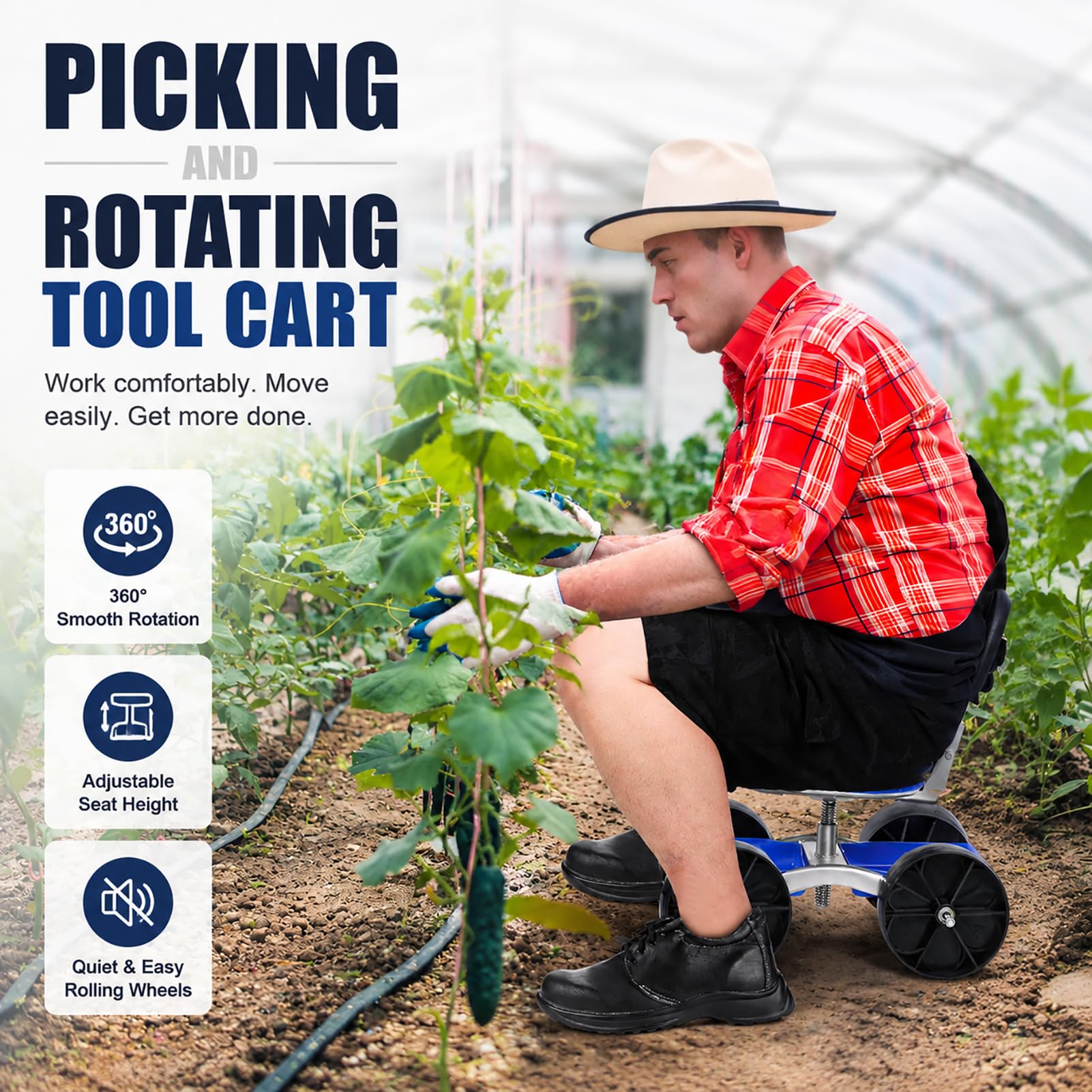 Gartenhocker mit Rollen, 360° Drehbarer Gartensitz Höhenverstellbar, Rollsitz aus Verzinktem Stahl mit Stauraum bis 150kg, Mobiler Gartenhocker für Gartenarbeit (Blau 2)