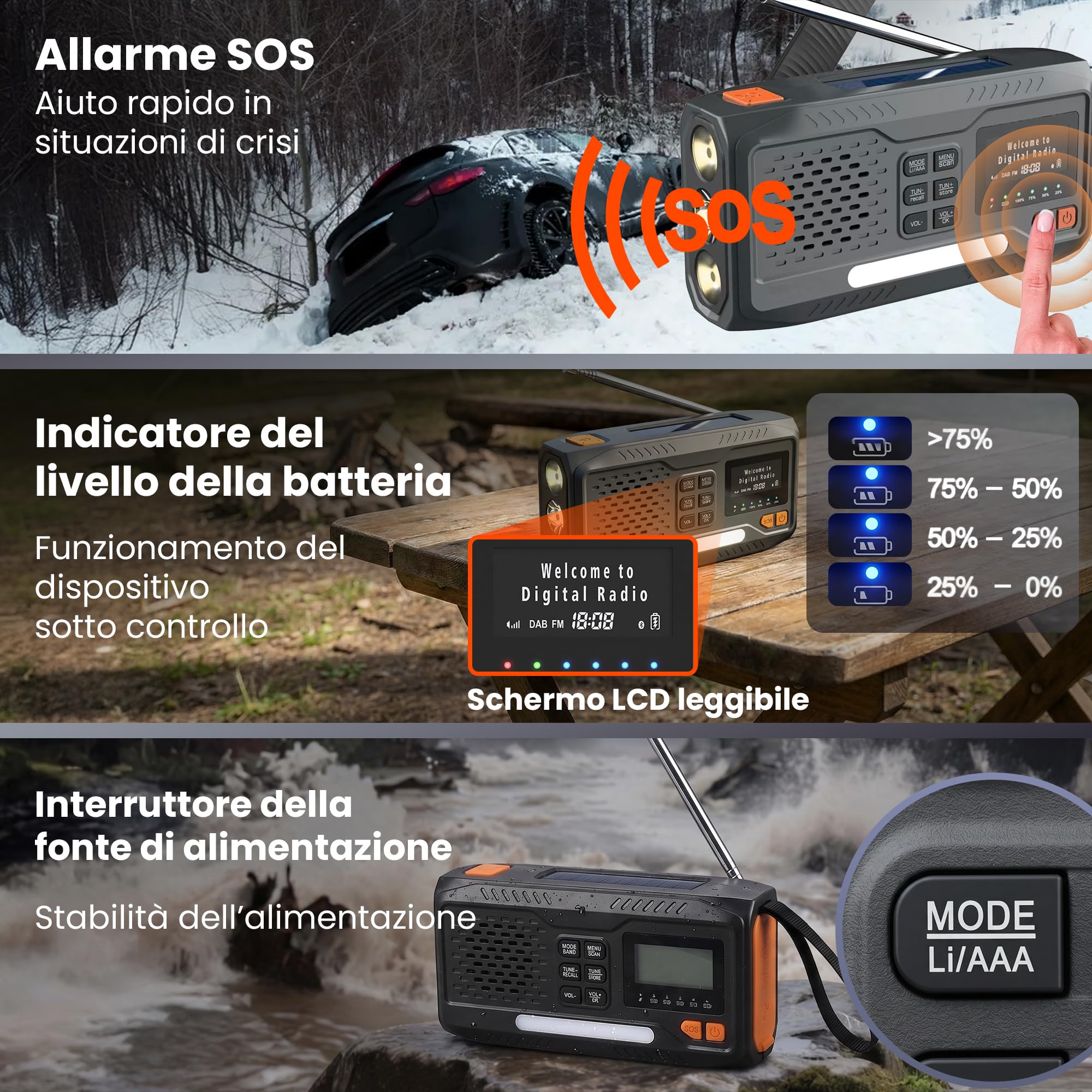 Extralink Radio a manovella di emergenza con pannello solare, Radio DAB & FM, Bluetooth, funzione di ricarica 4500 mAh, torcia LED e luce da lettura, SOS, LCD - per blackout, campeggio e trekking