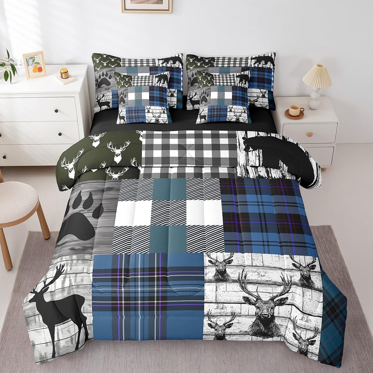 Erosebridal Woodland Animals King Size Comforter Set with Sheets, Buffalo Checked Plaid Grid Bear Moose 7 Piece Bedding Set Elk Deer Hunting Reindeer Bed in a Bag, Vintage Lodge Cabin Rustic Bed Sets