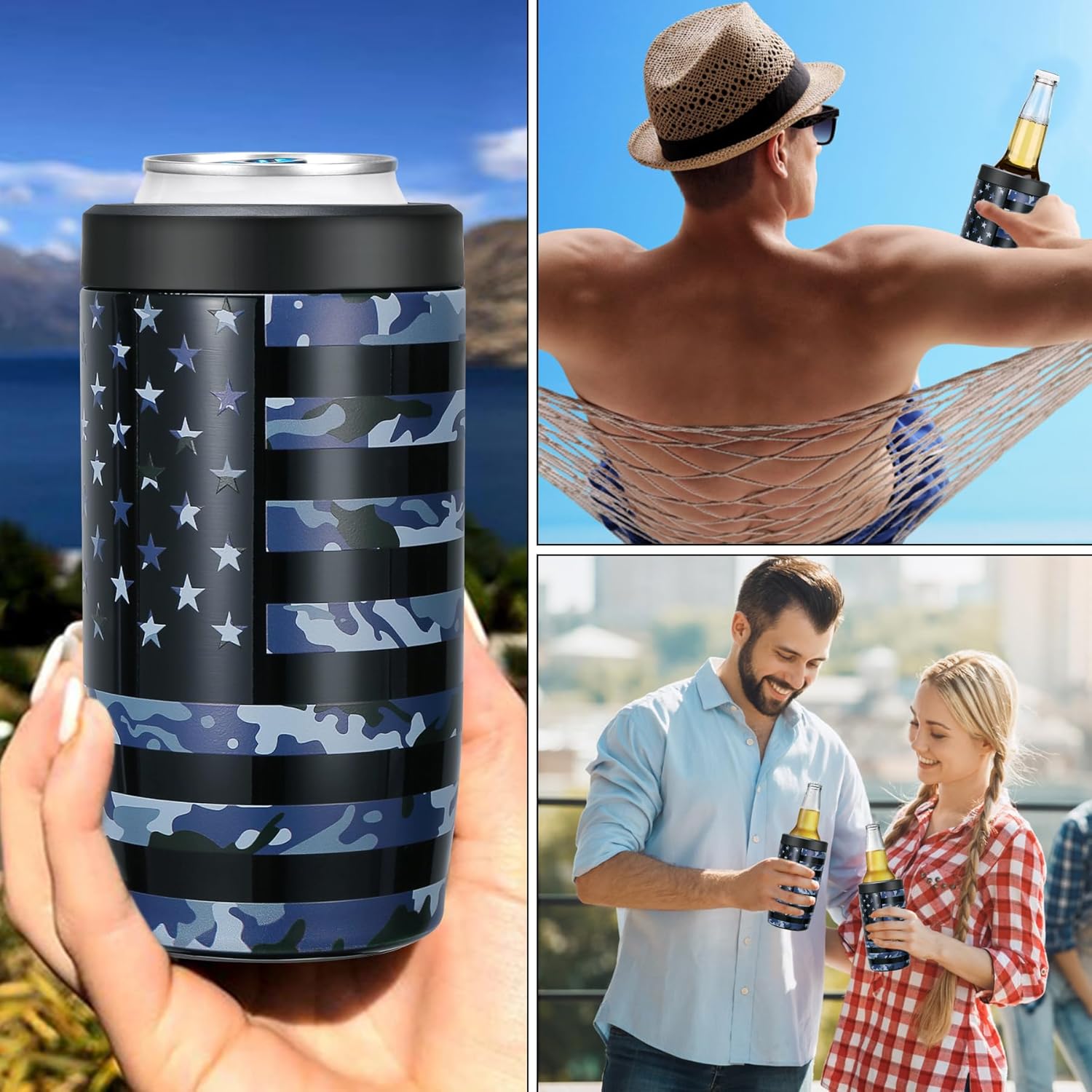 MAXSO Slim Can Cooler, 4-in-1 Double Walled Stainless Steel Insulated Beer Can Holder, Works With All 12 Oz Cans,Bottles & As A Pint Cups - Camo Flag - Image 6