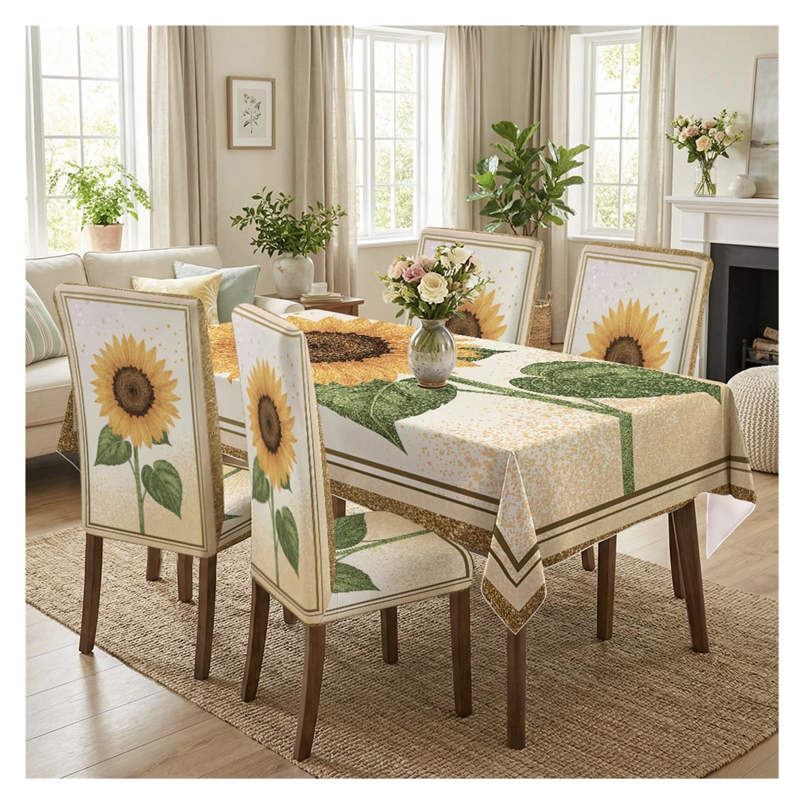 BOSUYBN Sunflower Dining Set Covers, 5/7 Piece Tablecloth With Matching Chair Slipcovers, Vibrant Floral Design For Bright Dining Spaces Table Setting(5pcs Set: Tablecloth+Chair Covers)