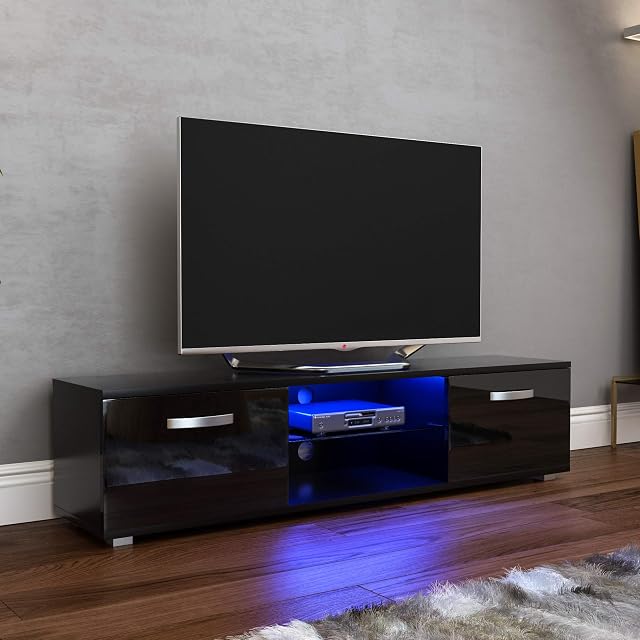 Vida Designs Cosmo LED TV Unit 2 Door Modern Gloss Matte MDF Living Room Cabinet Media Stand Furntiure RGB Light Black 160cm