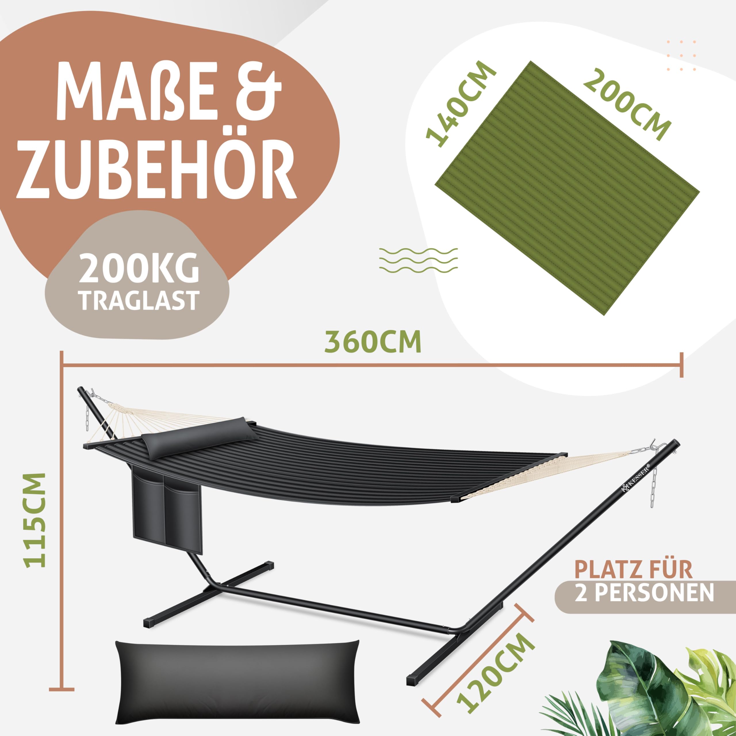 KESSER® Hängematte Hill mit Gestell Kissen Doppelhängematte für 2 Personen-Stabiler Rahmen 200kg Belastbarkeit Indoor & Outdoor XXL Hängesessel Doppel Mehrpersonen Garten Balkon Terrasse, Anthrazit