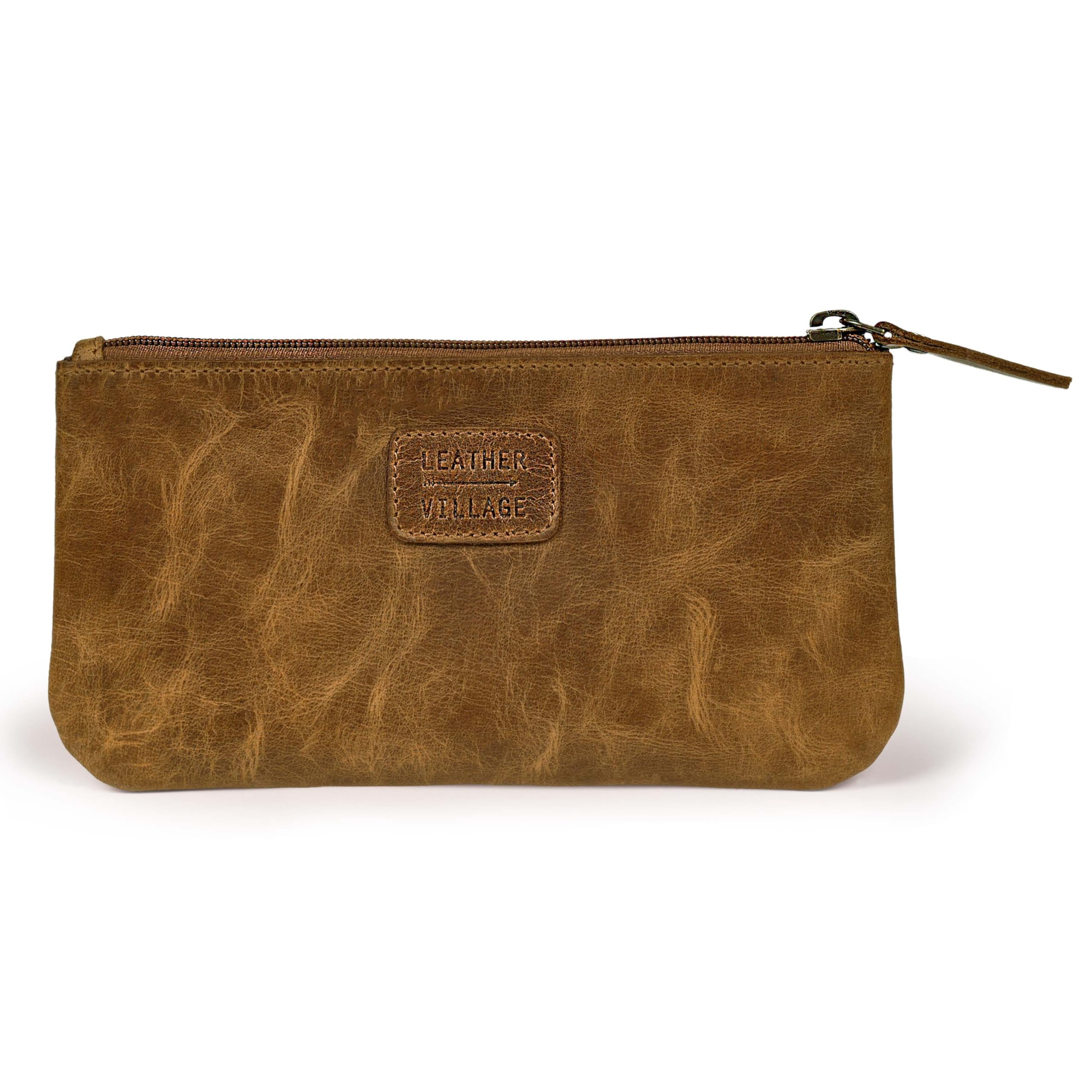 LEATHER VILLAGE Leather Pencil Pouch Pen Case, Tan Brown, 8"X4"- Double Pocket - Image 2
