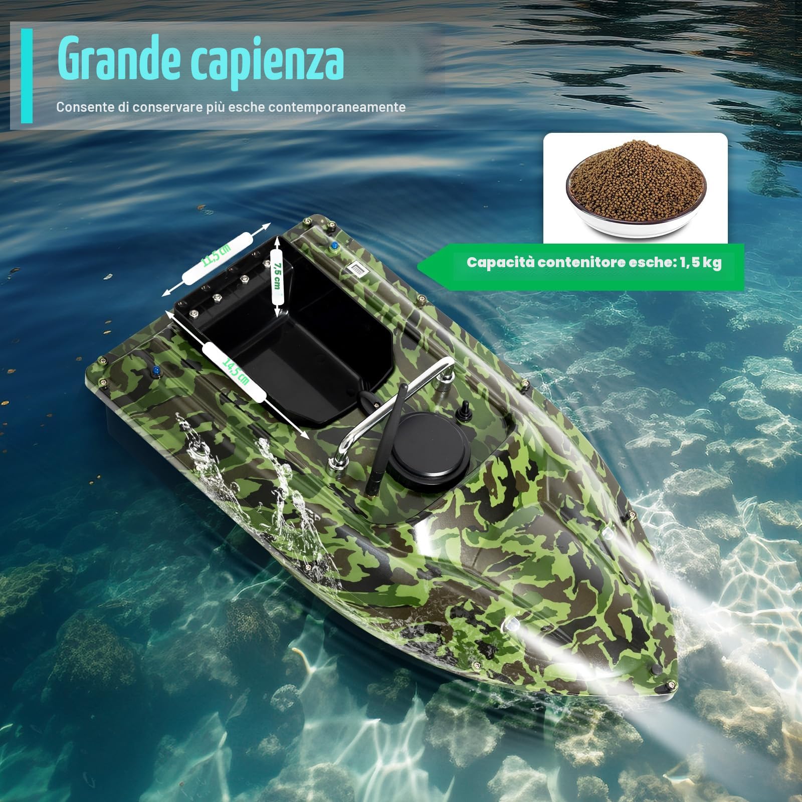 500 m telecomandata barca per mangimi, pesca notturna, esca per pesca notturna, barca da pesca Bait Boat, esca telecomandata, 1,5 kg mimetica