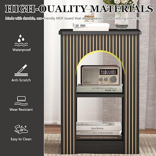 Miniatura 3 de Mesa auxiliar con almacenamiento de 3 niveles, mesa auxiliar moderna de mediados de siglo con líneas de tallado arqueadas, mesa decorativa cuadrada