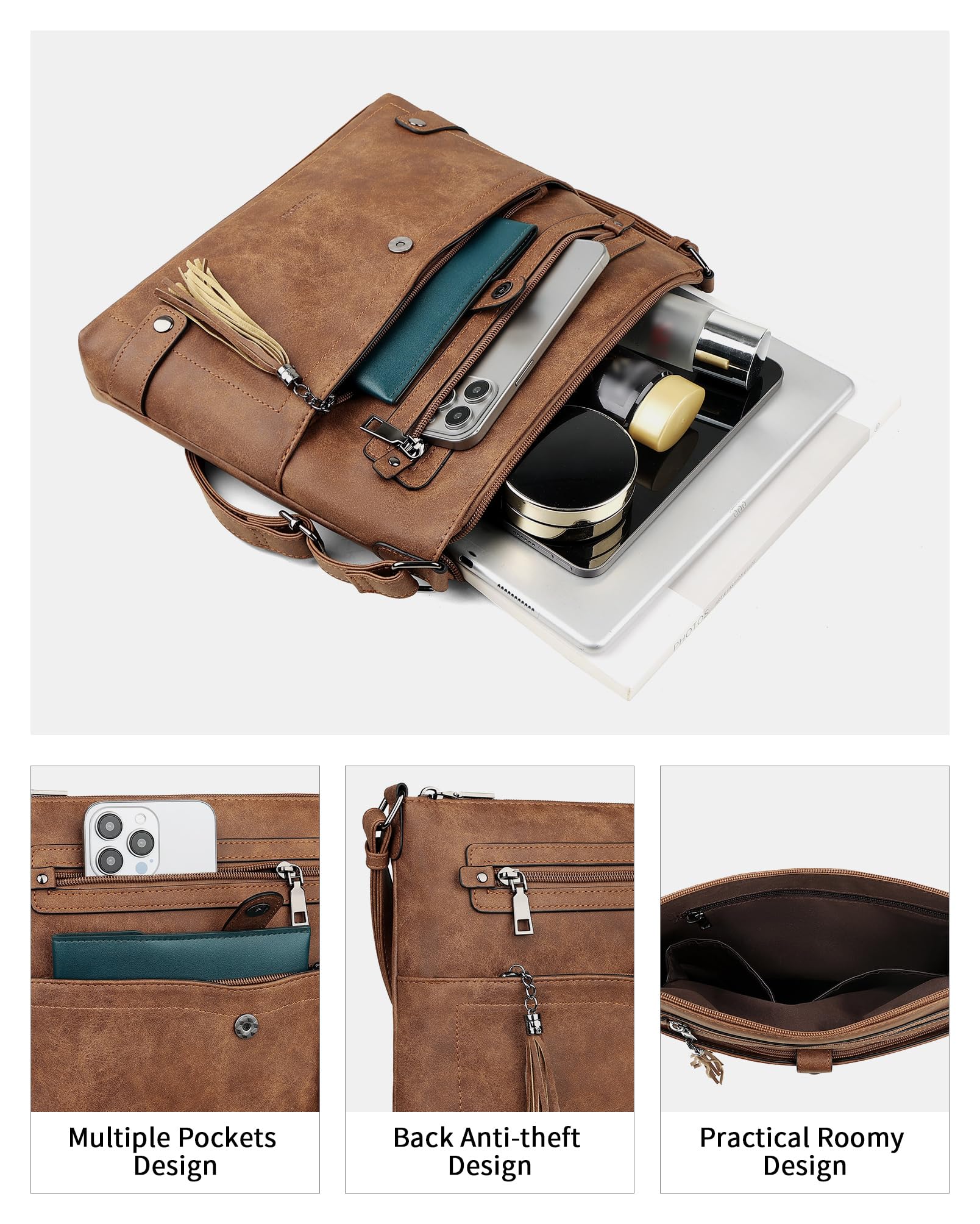 FADEON Large Crossbody Purses for Women Crossbody Bag, Designer Leather Cross Body Purses Multi Pocket Shoulder Bag