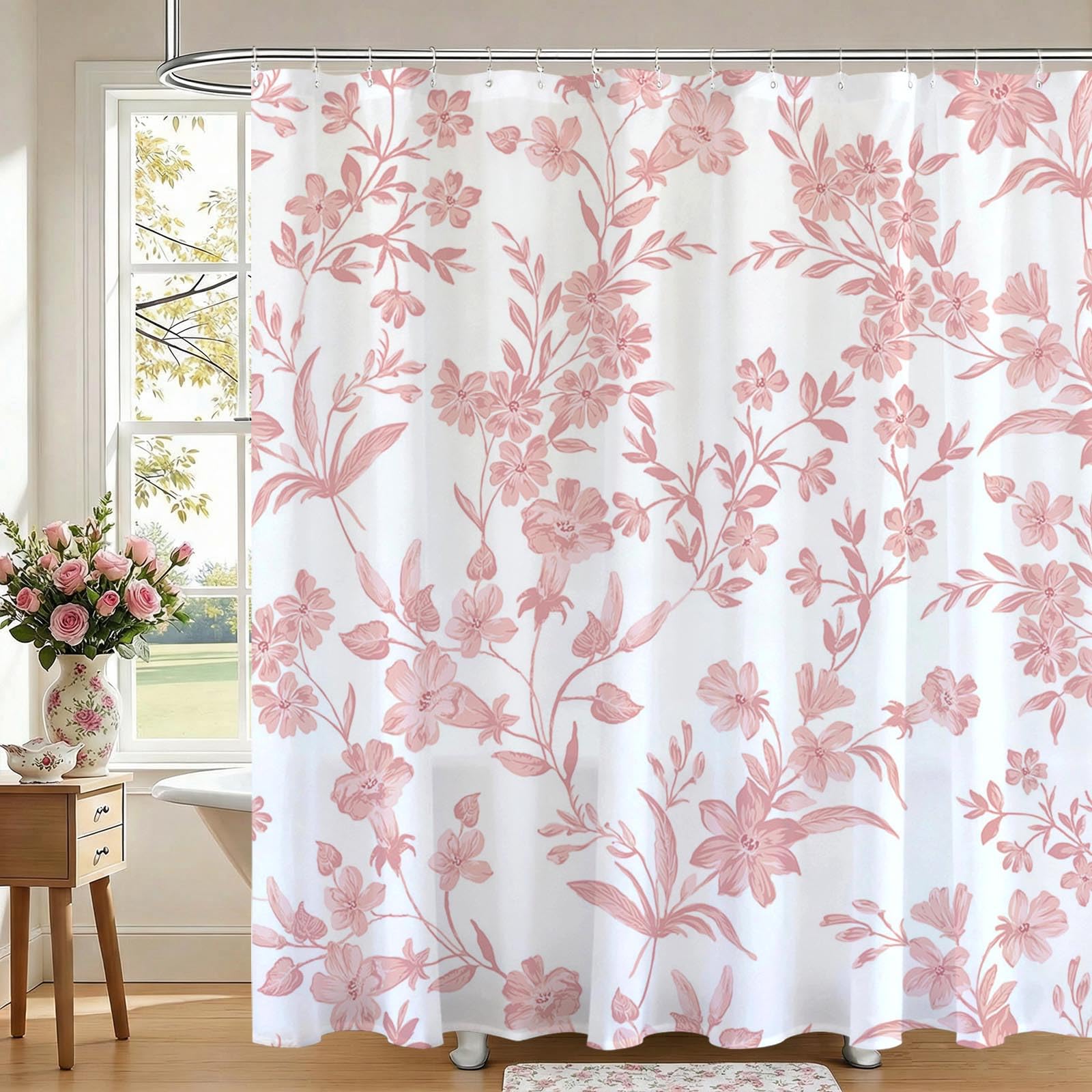 Avezano Floral Shower Curtain Pink Flower Bathroom Shower Curtain Pink Waterproof Fabric Shower Curtains Bathtub Decor with 12 Hooks 72 X 72 Inches (Pink)