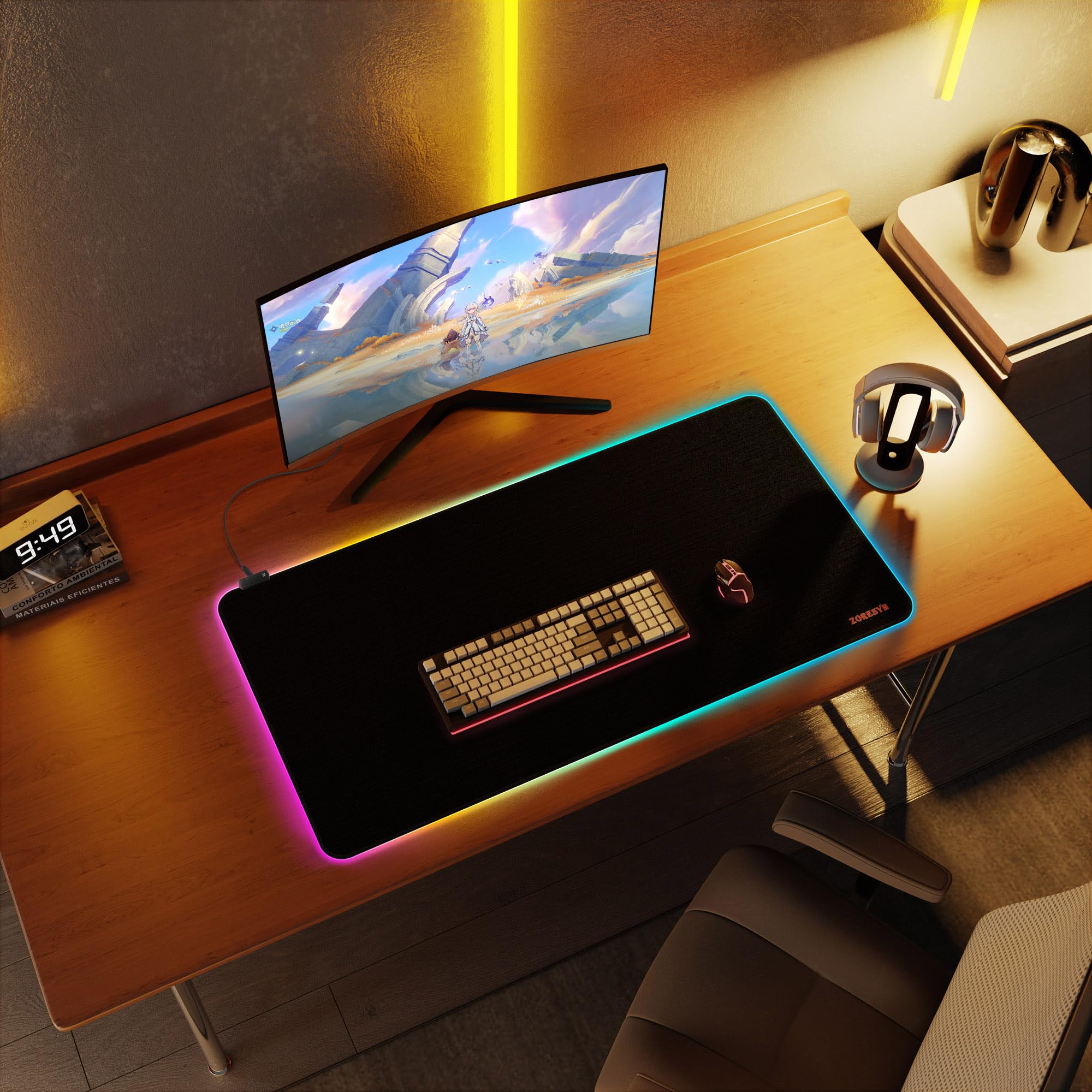 ZORESYN Tappetino per mouse da gioco RGB, 100 x 50 cm, grande tappetino per mouse con luce a LED, tappetino per tastiera, accessori da gioco per scrivania, base in gomma antiscivolo, grande tappetino