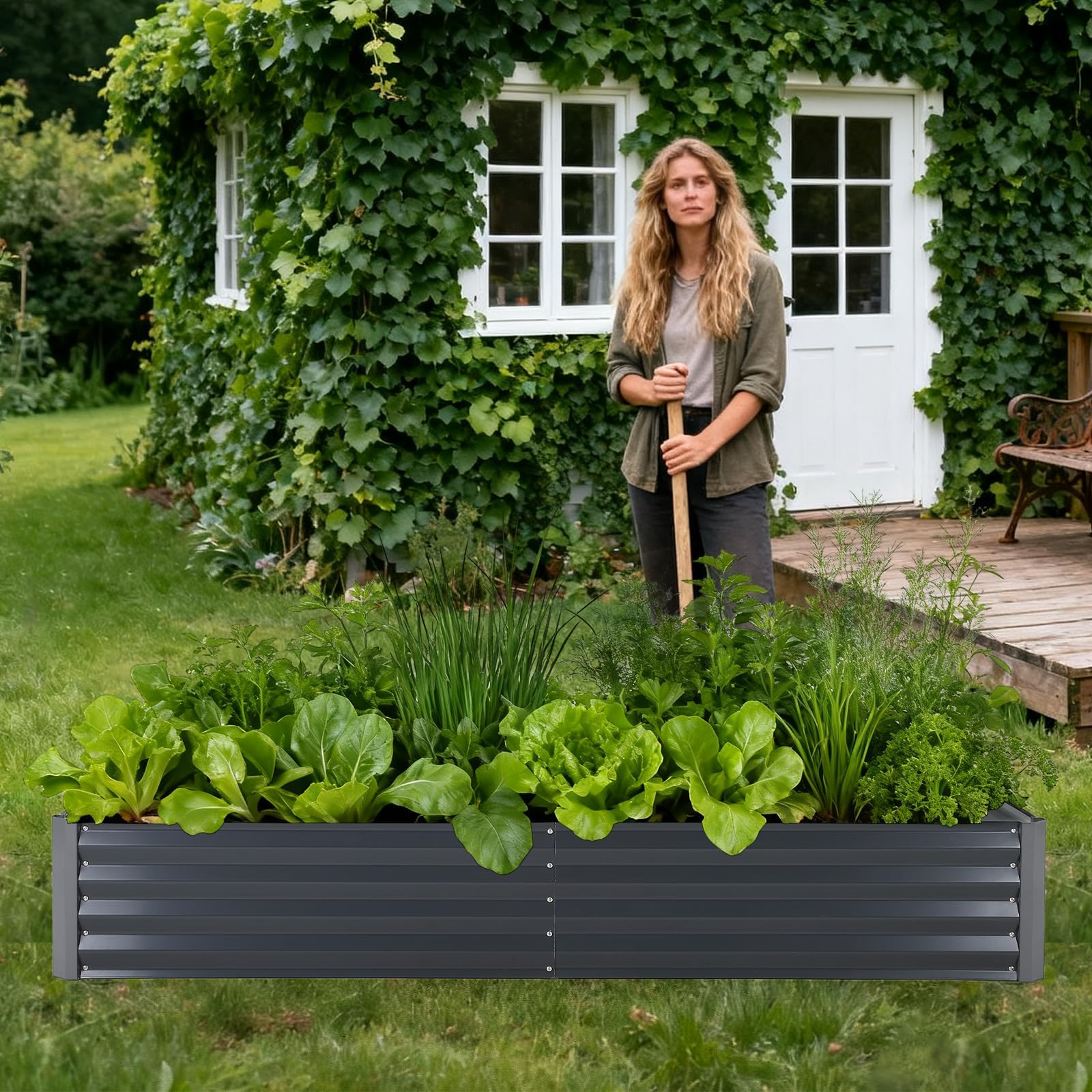 Carre Orto 180 x 90 x 30 cm, Orto rialzato in metallo zincato con rivestimento in PVC, fioriera per esterni, di grandi dimensioni, per verdure, piantine di erbe, fiori, grigio