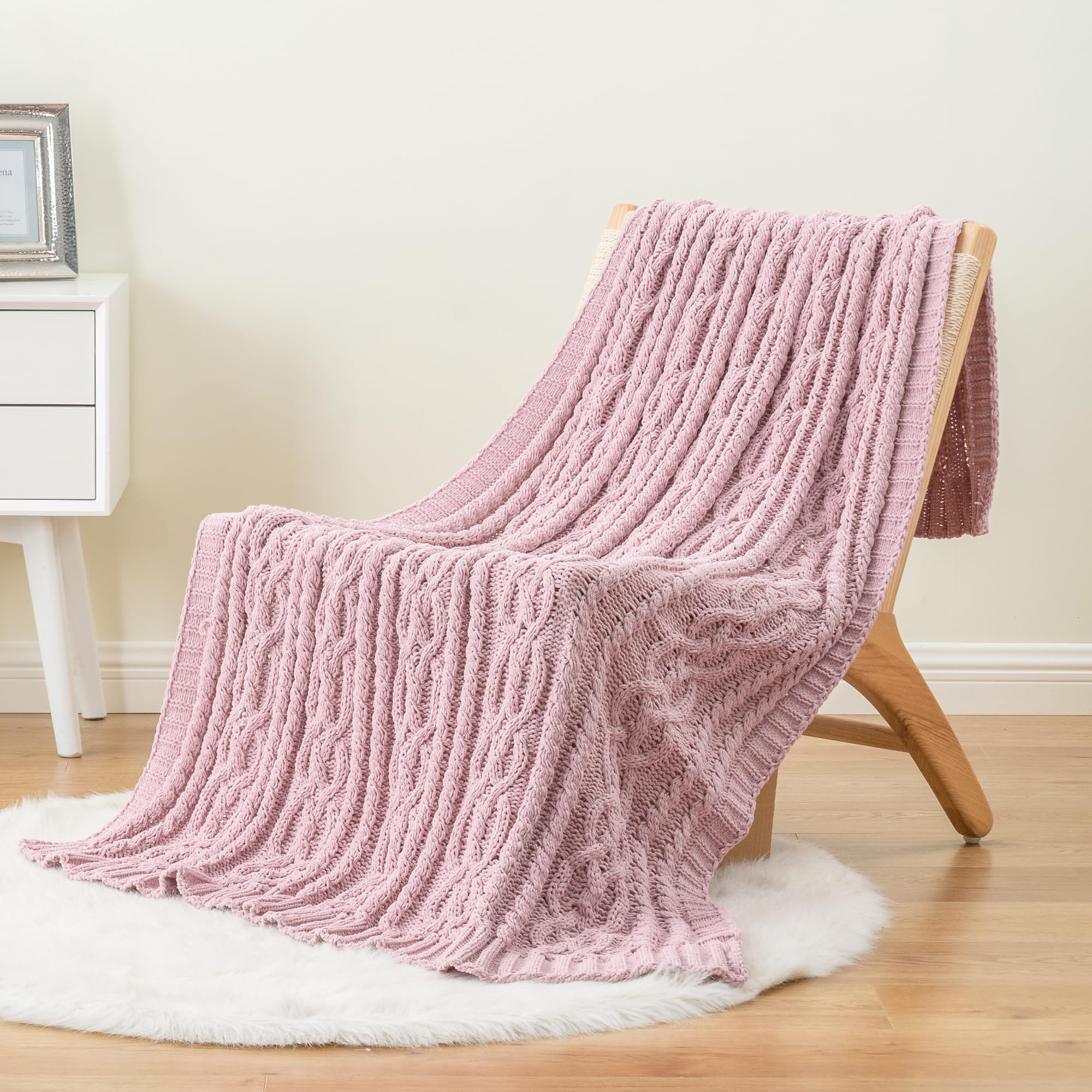 Battilo Pink Throw Blanket for Couch, 51"x67", Textured Cable Knit Blanket