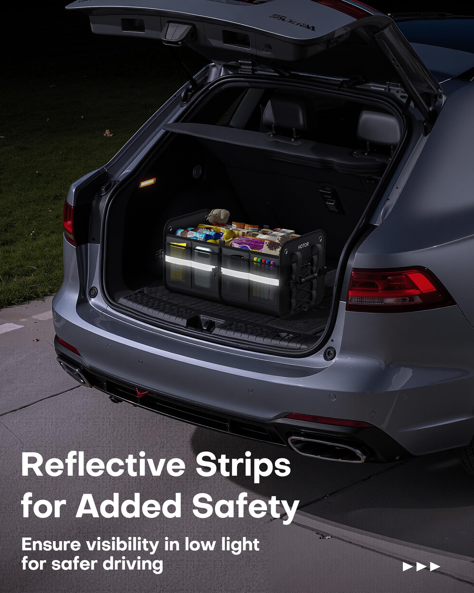 HOTOR Trunk Organizer for SUV – Car Storage Box with Reflective Strips, Collapsible Car Organizer with Large Capacity, Essential Car Accessories for Truck, Van & Sedan, Black, 22.1" x 13.0" x 12.0"