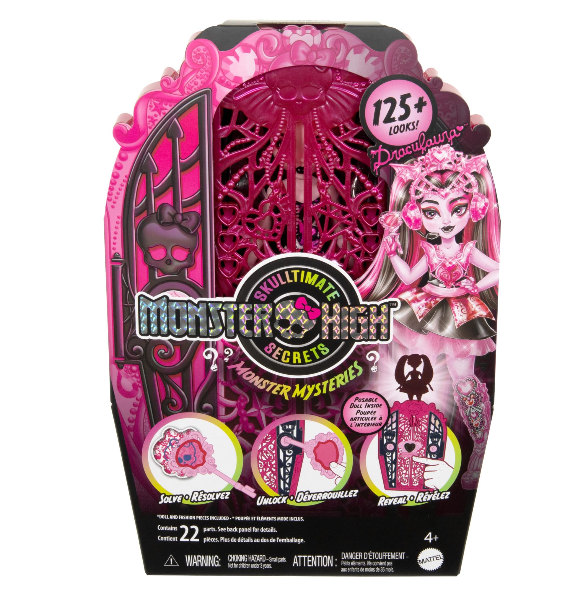 Monster High Skulltimate Secrets Puppen- und Accessoire-Set, Monster Mysteries Draculaura mit Kleiderschrank und mehr als 19 Überraschungen inklusive Puppenkleidung, HXH84