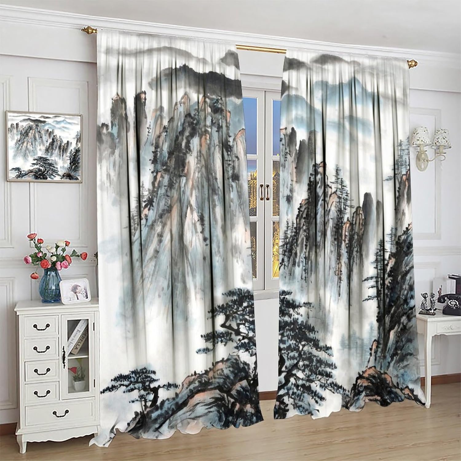 JESTRONRY Asian Window Curtains, Ink Painting Pine Trees Mountains Clouds Landscape Blackout Rod Pocket Window Drapes for Bedroom Living Room Asian Japanese Style W42xL54in