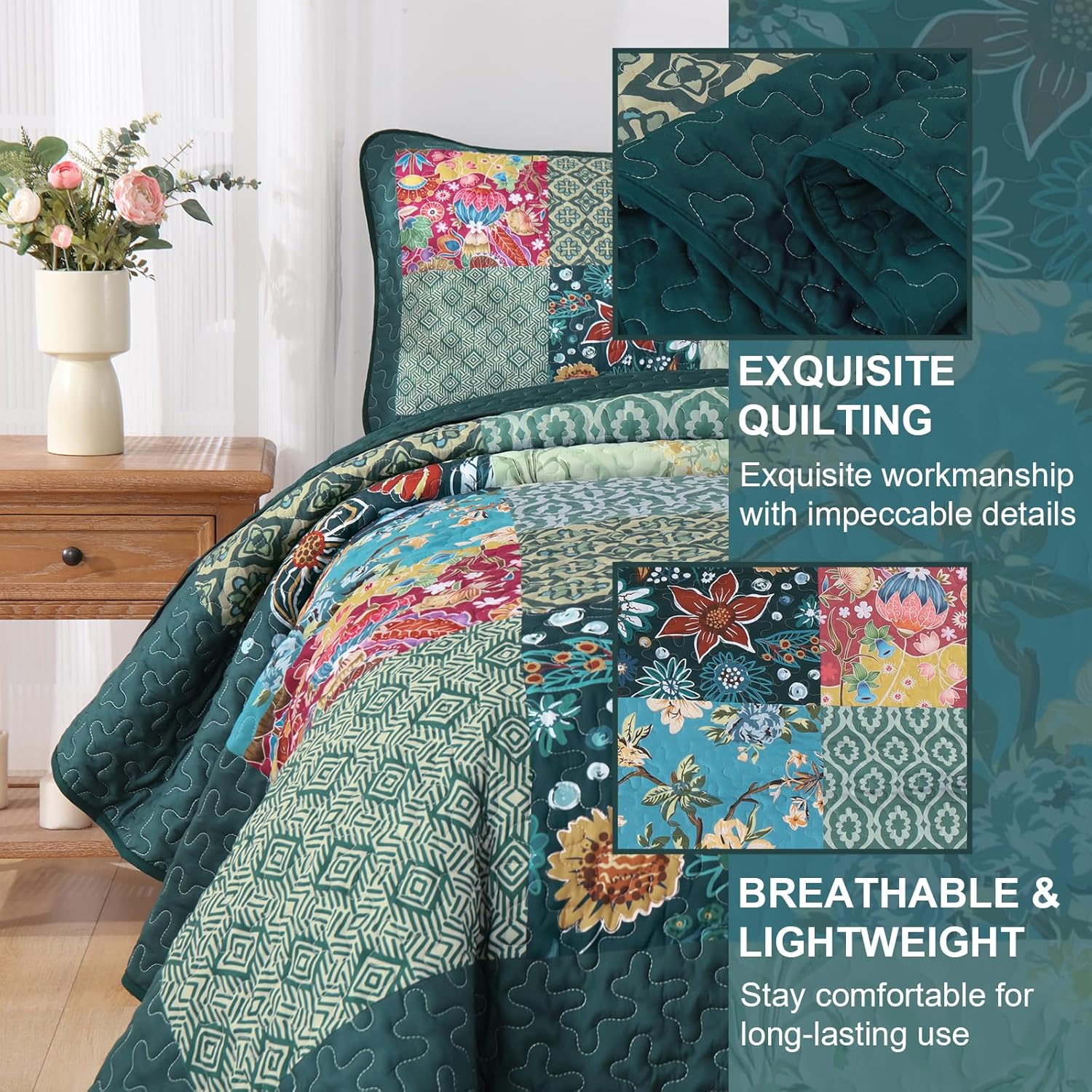 DJY Patchwork Quilt Set King Size 3 Pieces Green Plaid Floral Bedspread Coverlet Set, Boho Turquoise Rustic Lightweight Reversible Bedding Quilt for All Season (110''x90'') - Image 5