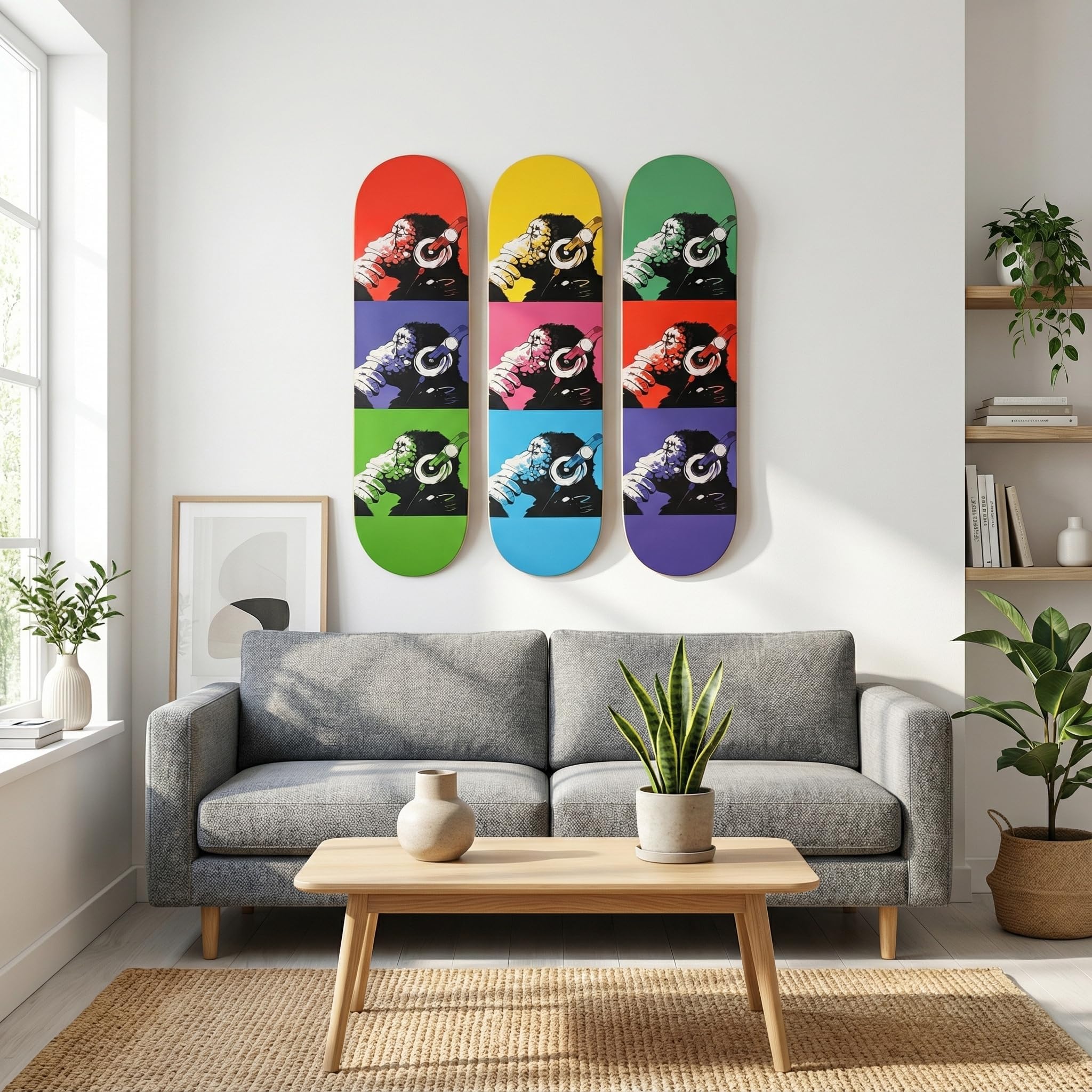 Banksy Skateboard Wall Art – Graffiti Canvas on 7-Ply Maple Decks – 3 Piece Monkey Pop Art Skateboard Decor for Bedroom, Living Room, Office or Game Room (Banksy Monkey Warhol 3-Piece Set)