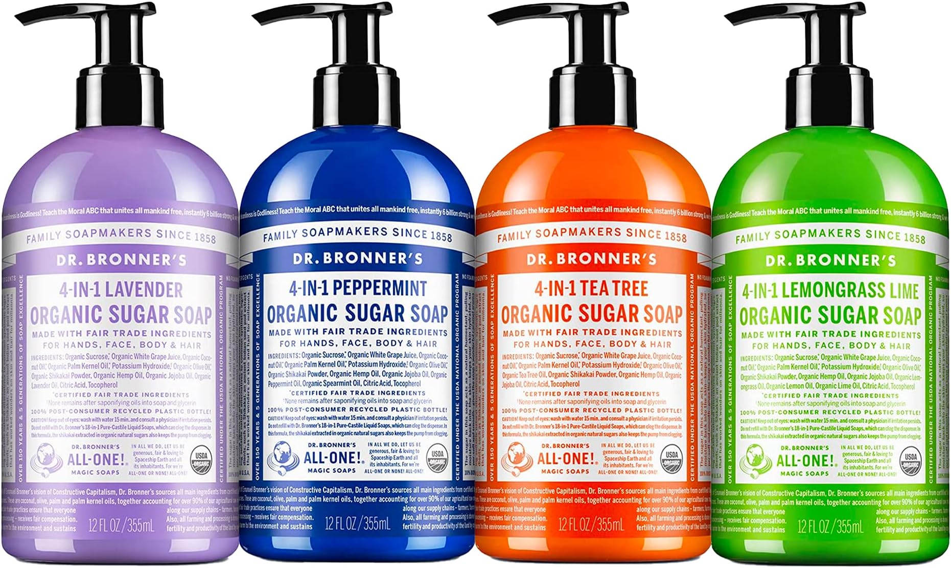 Dr. Bronner'sOrganic Sugar Soap (12 oz Variety Pack) Lavender, Peppermint, Tea Tree, & Lemongrass - Made with Organic Oils, Sugar & Shikakai Powder, 4-in-1 Use: Hands, Body, Face & Hair, Cleanses,