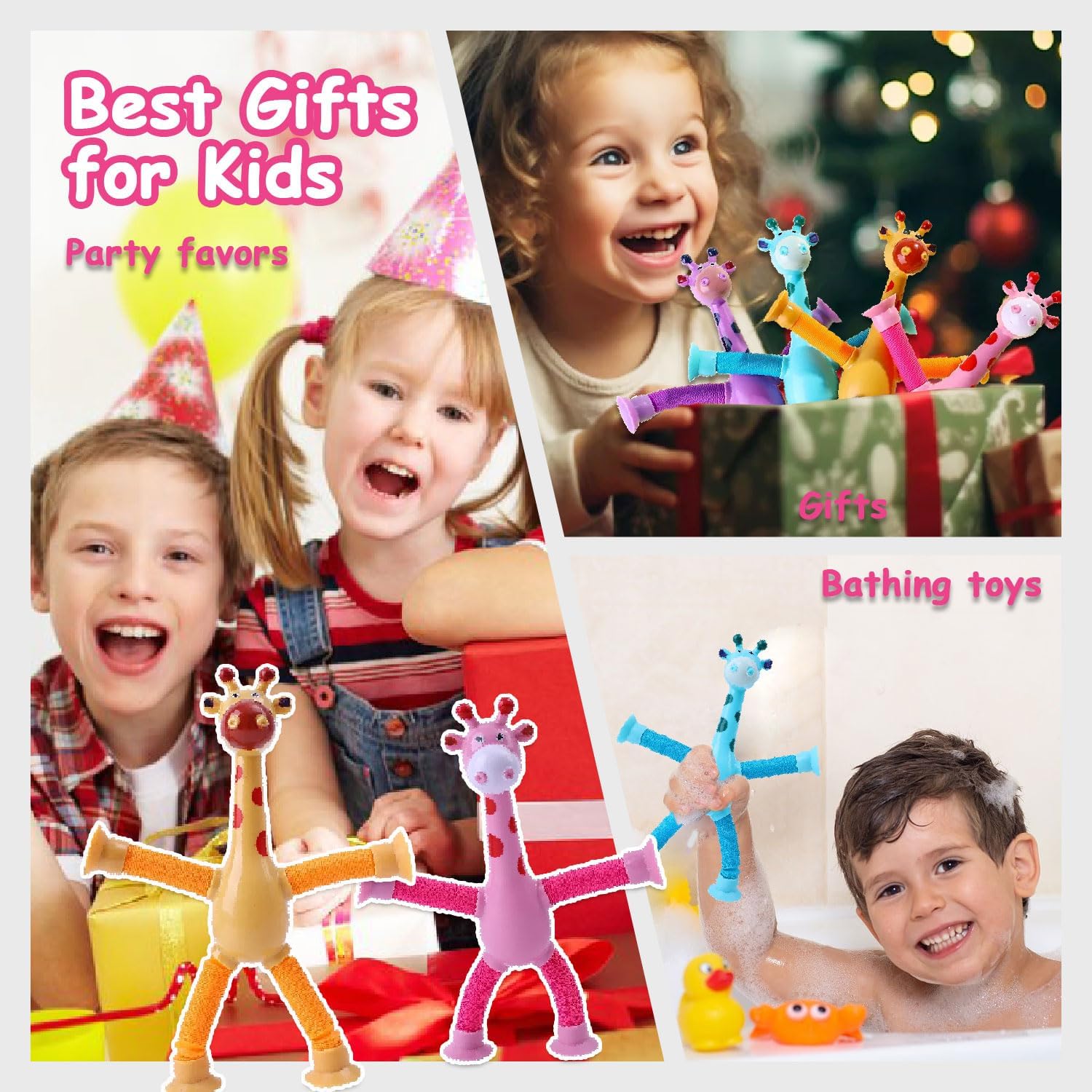 Pop Tubes Giraffe Fidget Toys for Kids, Telescopic Suction Cup Sensory Toys, Calming Anxiety & Stress Relief for Boys & Girls Ages 3–9, Fun Basket or Stocking Stuffer Gift - 4 Pack