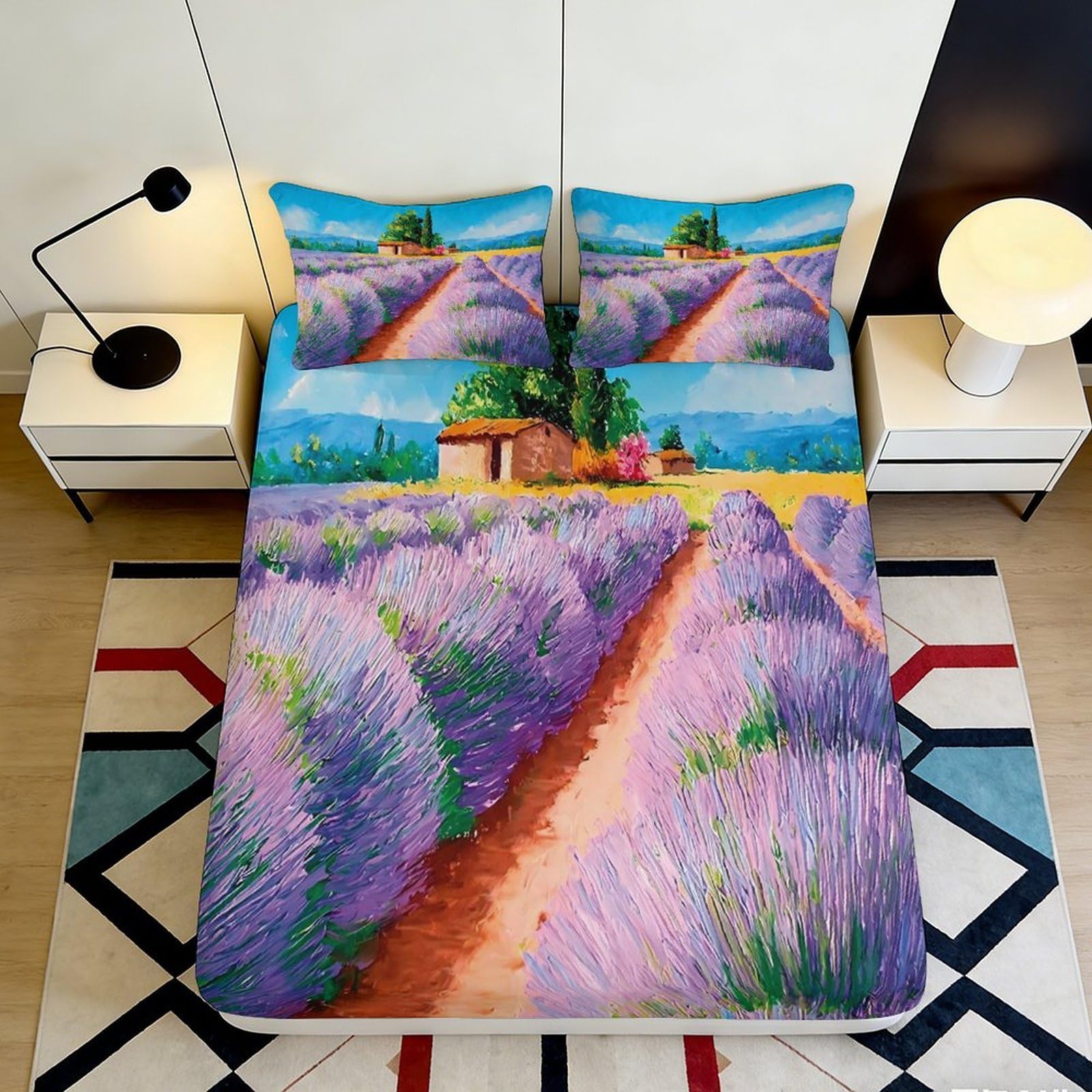 3D Printed Lavender Field Fitted Sheet Microfiber Soft Scenic Cottage Mattress Cover Bedroom Decor 90x200x25cm
