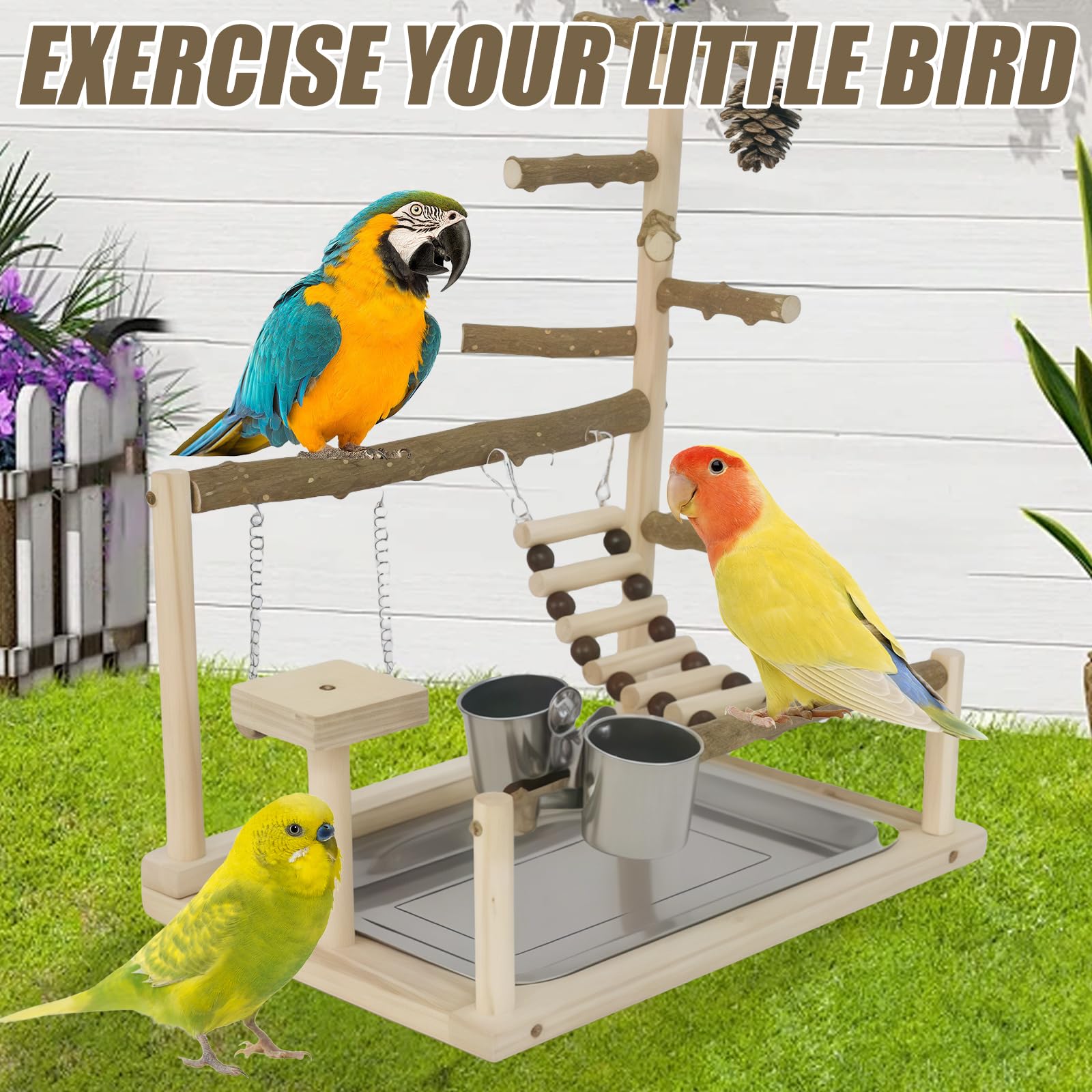 Parco giochi per pappagallo in legno, parrot Playstand, parco giochi per uccelli con scala, altalena e alimentatore, giocattolo per parrocchetti e altri uccelli, 37 x 37 x 26 cm