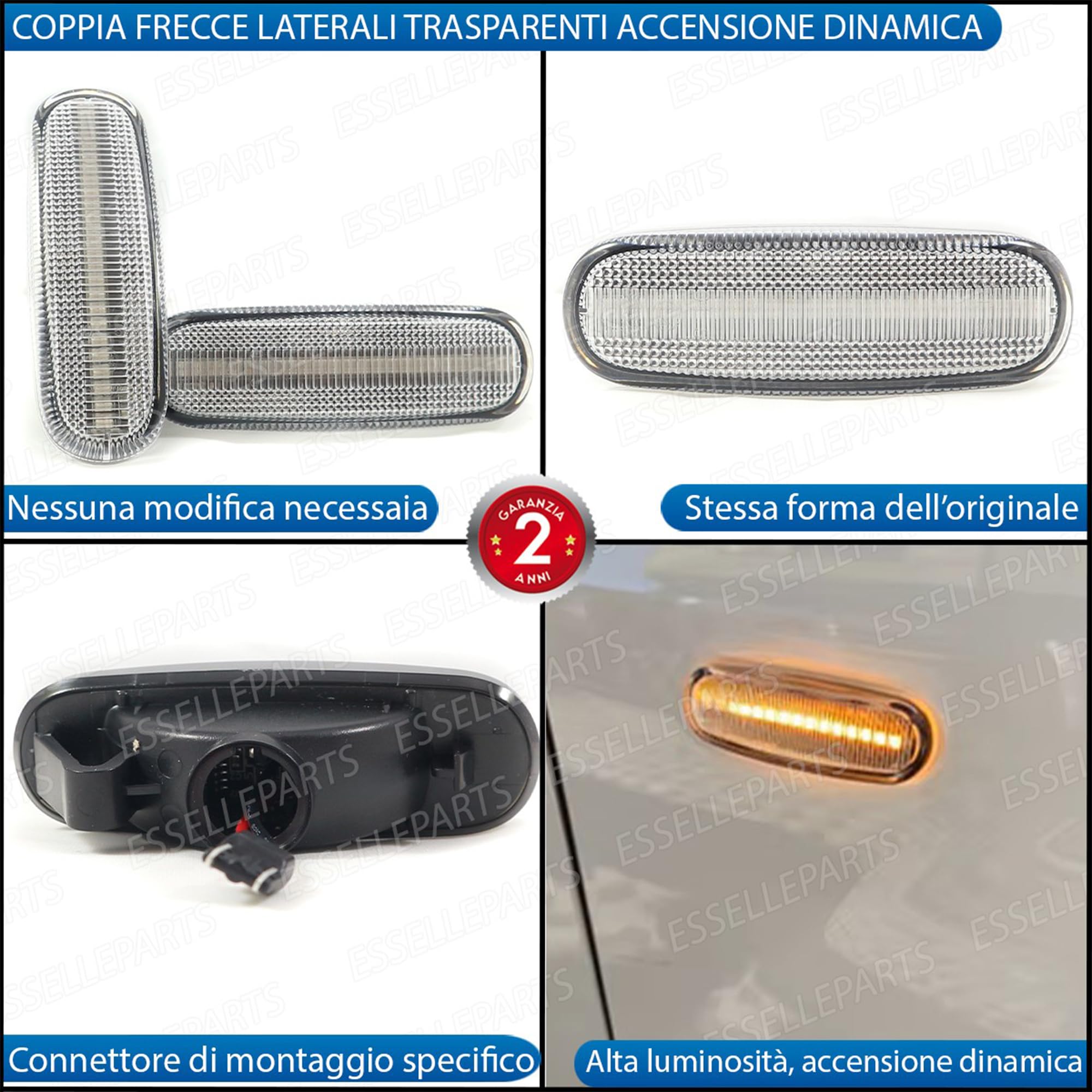 Coppia Frecce Laterali Trasparenti Progressive Dinamiche a LED per Fiat Grande Punto, Punto Evo, Idea, Panda Cross, Panda 312, Qubo, Stilo, Panda 169, Pandina, Plug and Play Canbus