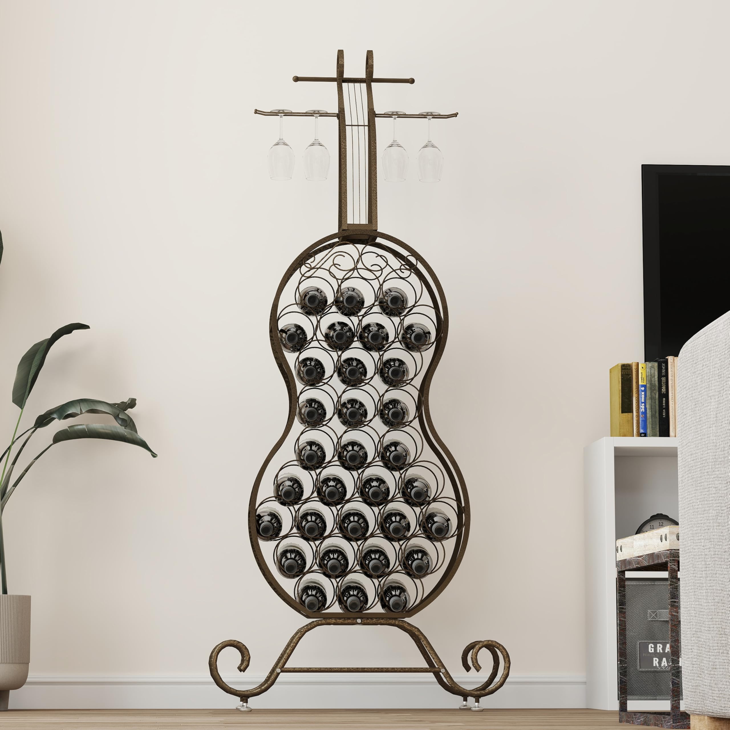 Cello Shaped Wine Rack, Freestanding Tall Narrow Metal Wine Bottle Rack Holder for Floor Standing Display, Antique Brown Vintage Wine Storage for Kitchen, Dining Room, Home Bar