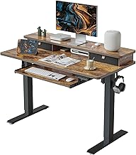 FEZIBO 48 x 24 Inch Height Adjustable Electric Standing Desk with 2 Drawers and Keyboard Tray, Sit Stand Desk with Storage Shelf, Black Frame/Rustic Brown Top