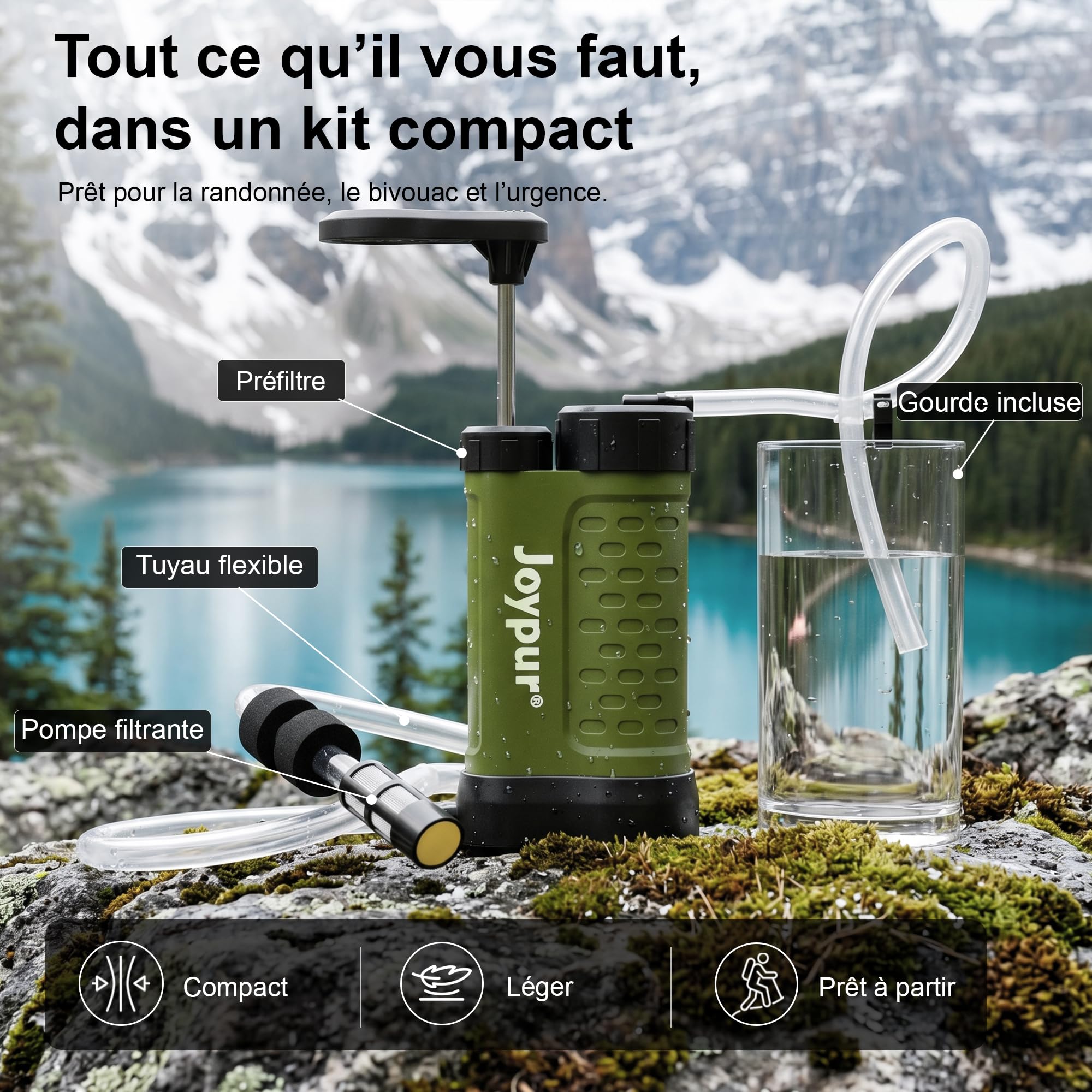 Filtre à Eau Portable 5 Étapes 0,01 μm, Pompe Filtrante Manuelle avec Gobelet 480 ml, Préfiltre Externe, Léger 340 g, pour Randonnée, Camping, Trekking et Activités en Plein Air（K8192-green）