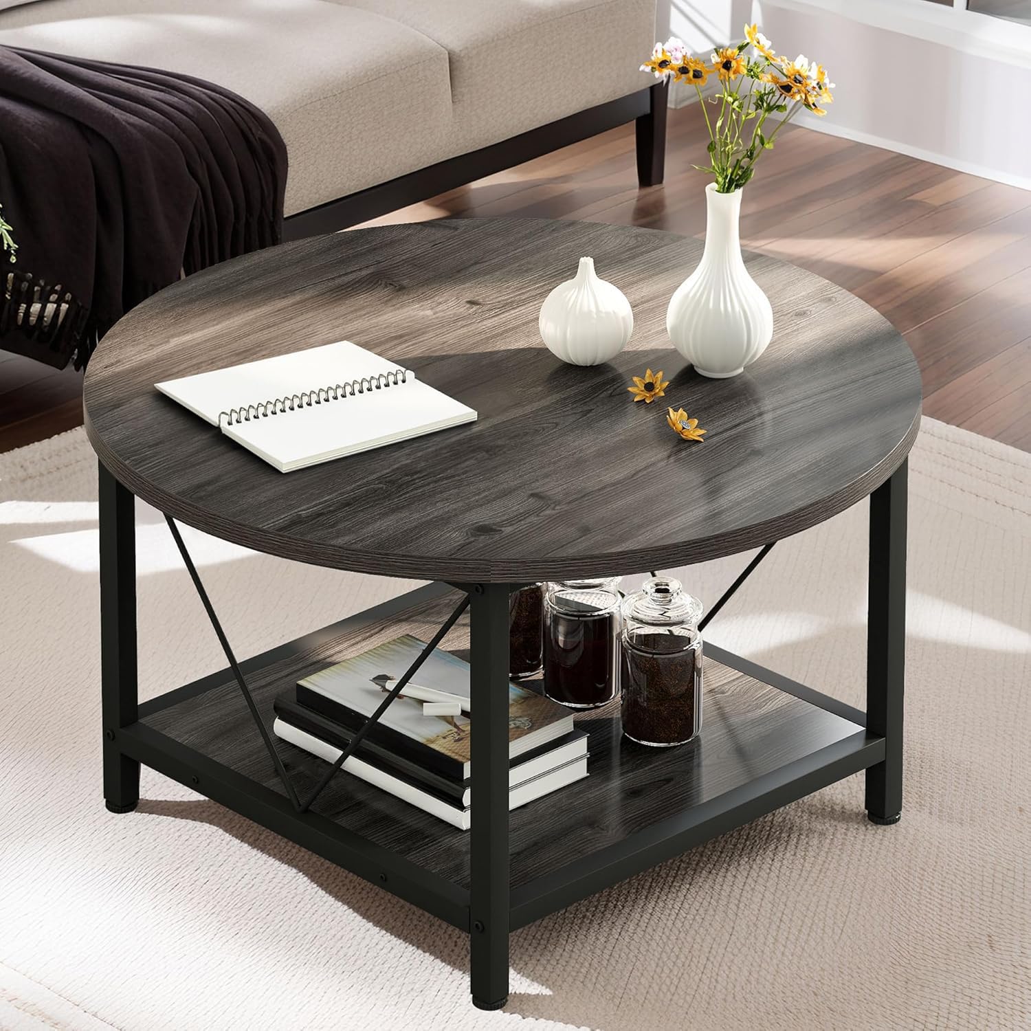 dwvo round coffee table, small coffee table for living room, 2 tier circle table with open storage shelf, rustic wood coffee table with metal frame, easy assembly, grey