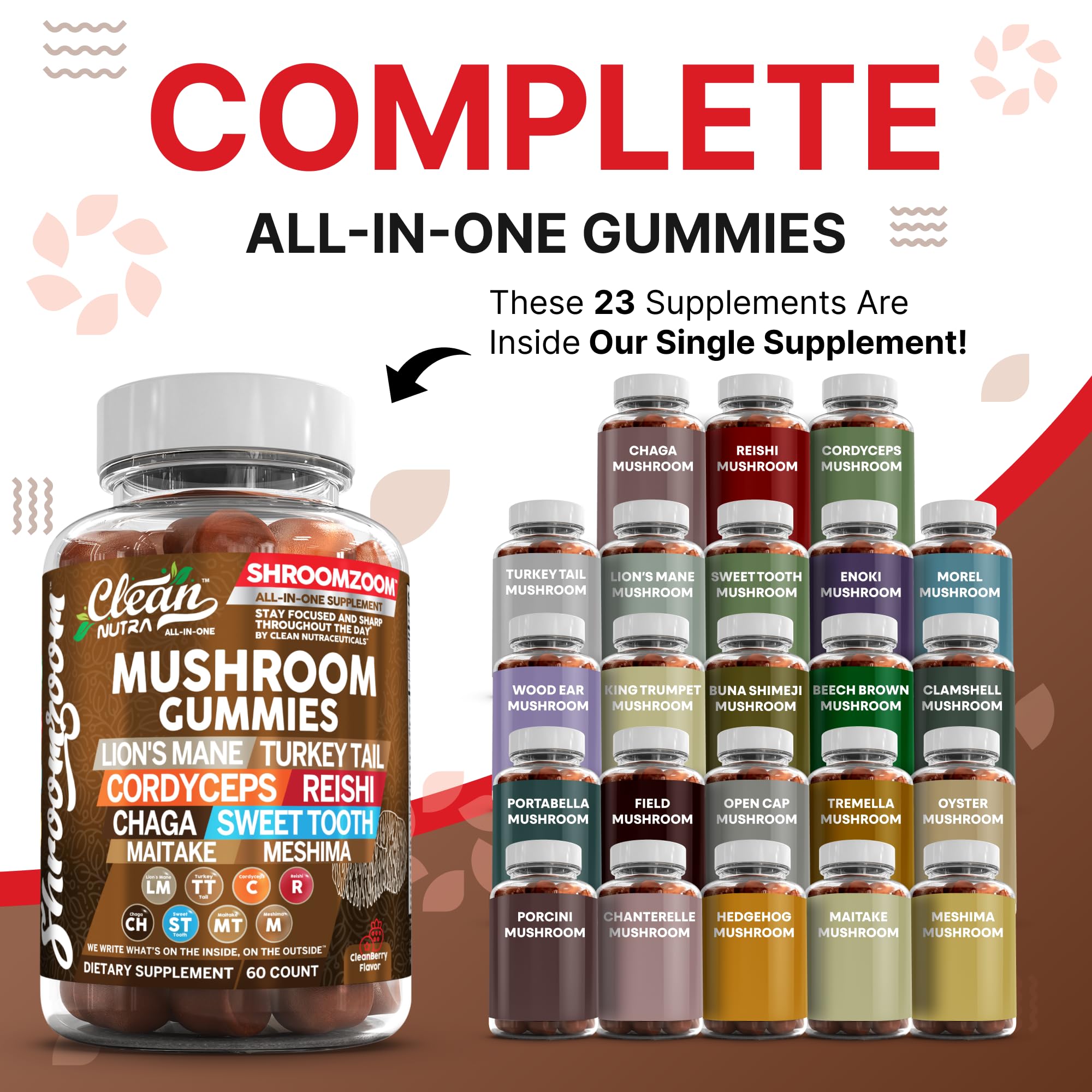 15in1 Mushroom Gummies with Lion's Mane Turkey Tail Cordyceps Reishi Chaga Sweet Toot Maitake Meshima Poria Cocos Shiitake Tremella, Oyster Agaricus Mushrooms for Men and Women Supplement Clean Nutra — Amazon image 5