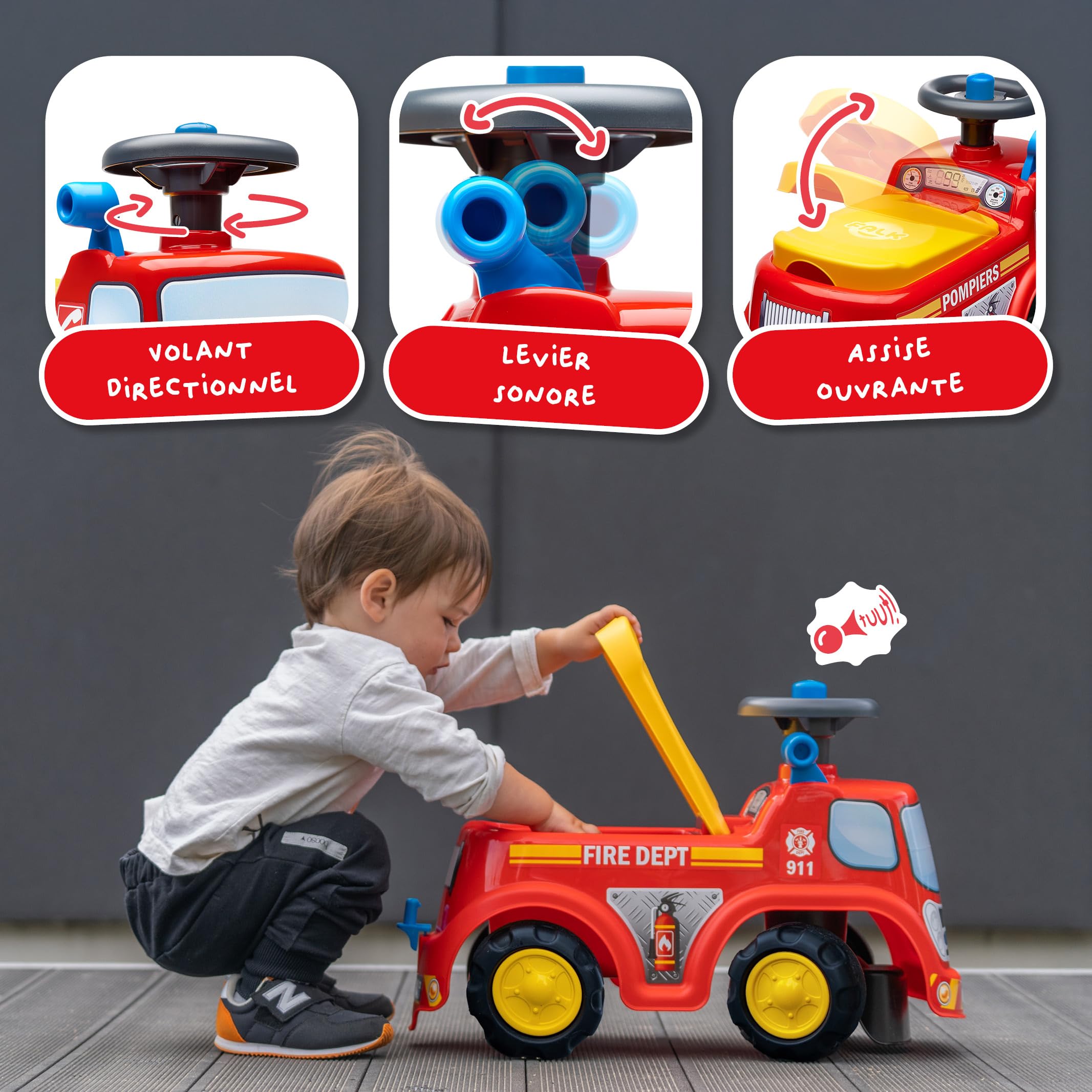 FALK Camión de Bomberos Porteur-A Partir de 12 Meses-Fabricado en Francia-Volante direccional con bocina-Palanca con Efecto sonoro-Caja de Almacenamiento-Matrícula personalizable-700, 700