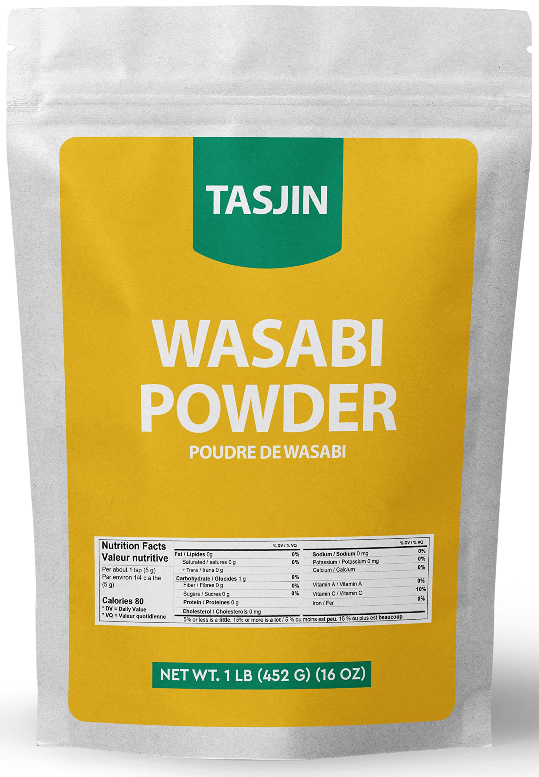 Wasabi Powder by Tasjin (1 LB 452 g) Packaged in Canada, Gold Grade Spicy Japanese Horseradish Seasoning, Vegan Kosher and Keto Friendly, Perfect for Sushi, Ramen, Salmon Sashimi, Skewers and More