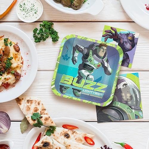 Miniatura 3 de Amscan Buzz Lightyear - Paquete de vajilla para fiesta, 8 platos cuadrados para cena y postre, 16 servilletas de almuerzo y bebidas, juego de