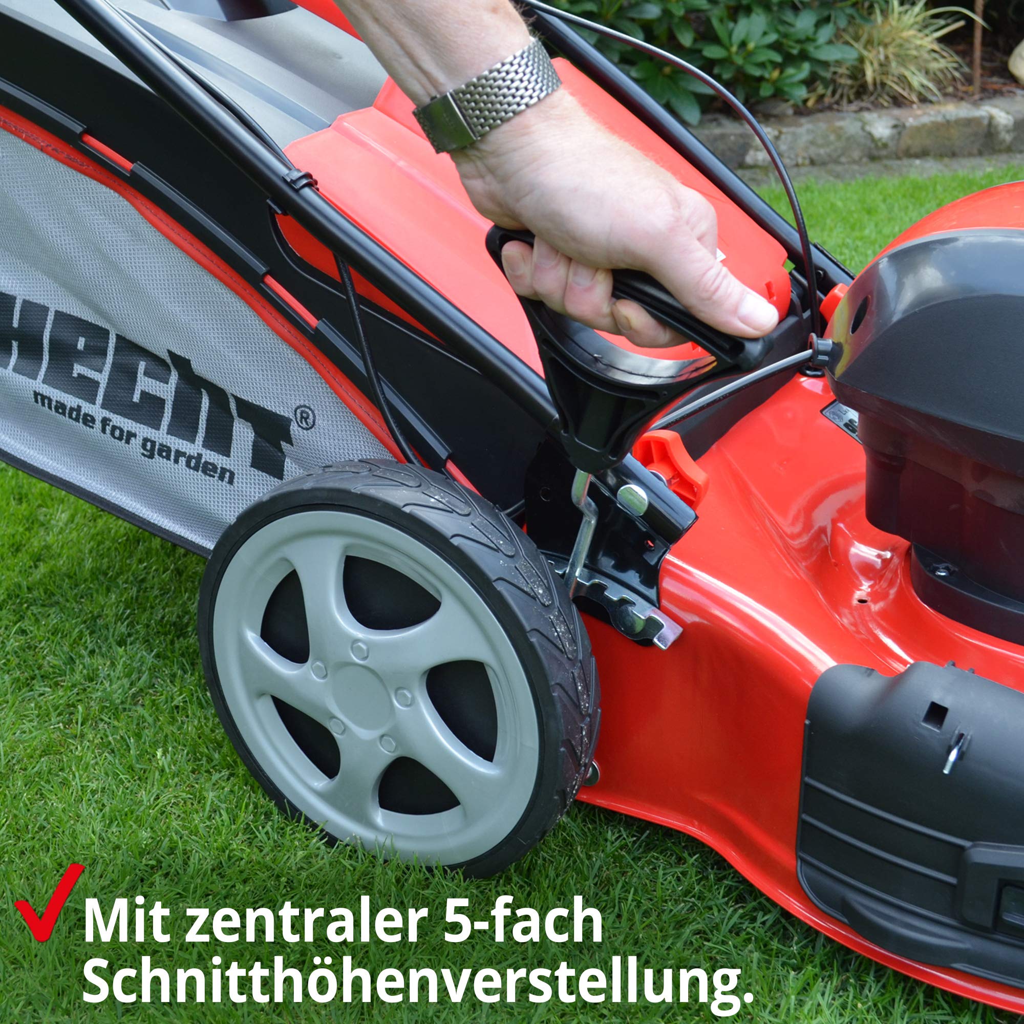 HECHT 5-IN-1 Elektro Rasenmäher mit 1.800 Watt Motor, 46 cm Schnittbreite, Radantrieb, Mulchfunktion, zentrale 7-Fach Schnitthöheneinstellung und 50 Liter Fangkorb für einen schön gepflegten Rasen