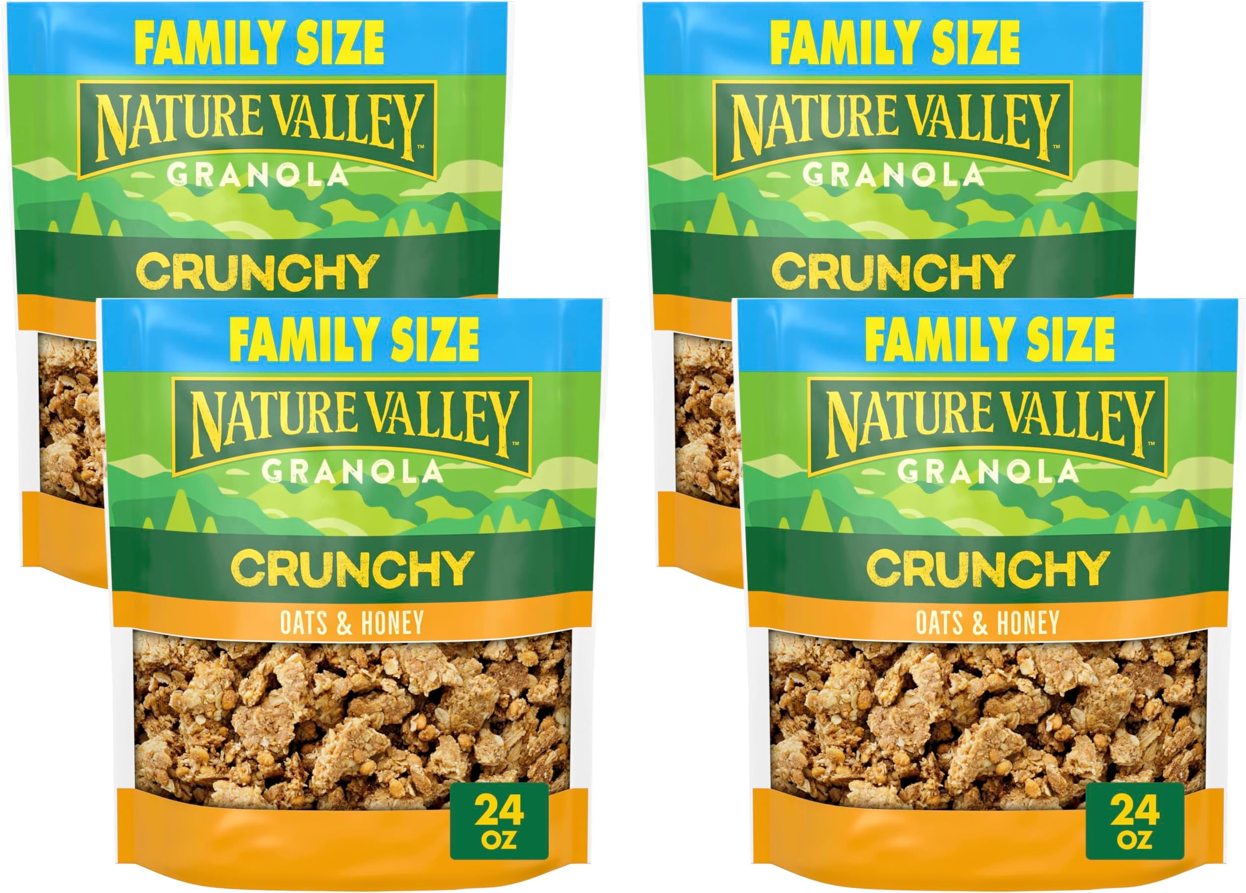 Crunchy Granola, Oats and Honey, Resealable Snack Pouch, Family Size, 24 oz (Pack of 4)