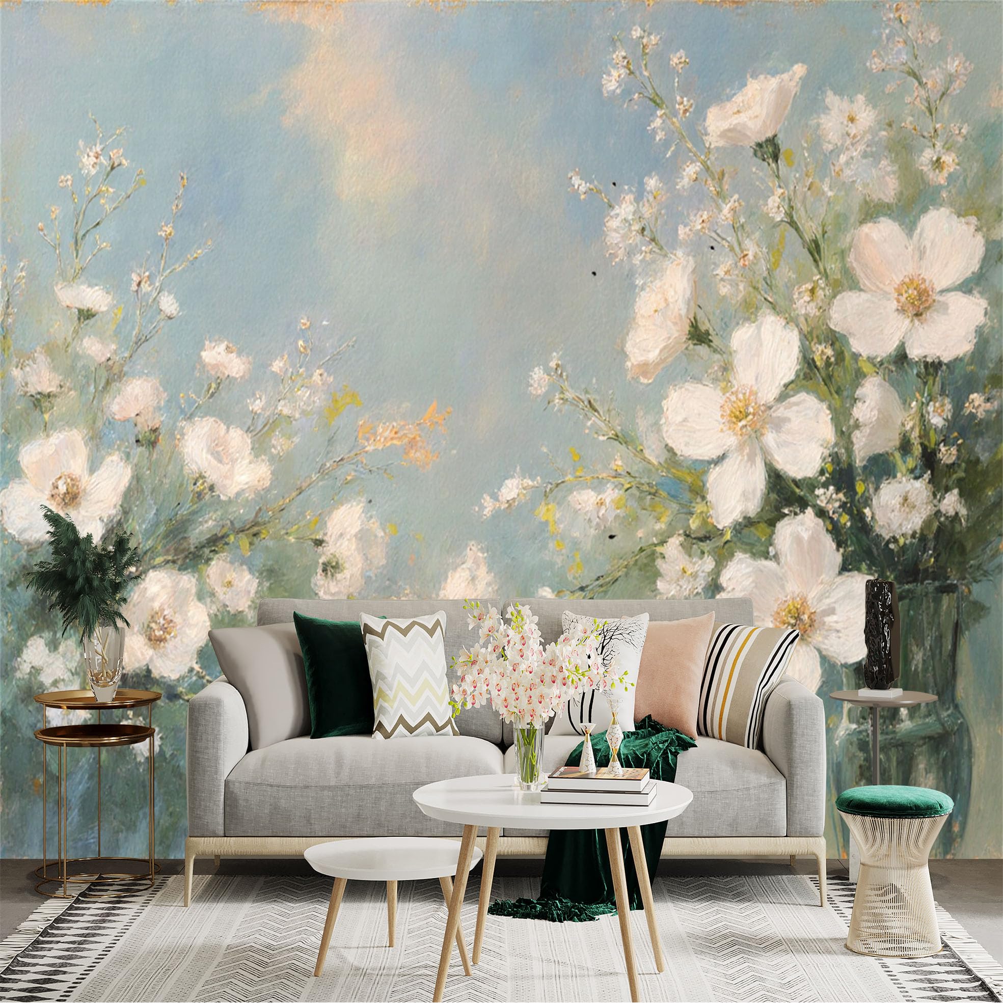 Custom Size Wall Sticker Mural， Impressionist Oil Painting， White Floral Bouquet， Soft Blue Background， Elegant Botanical Art， for wall Decoration， peelandstick wall Decals.