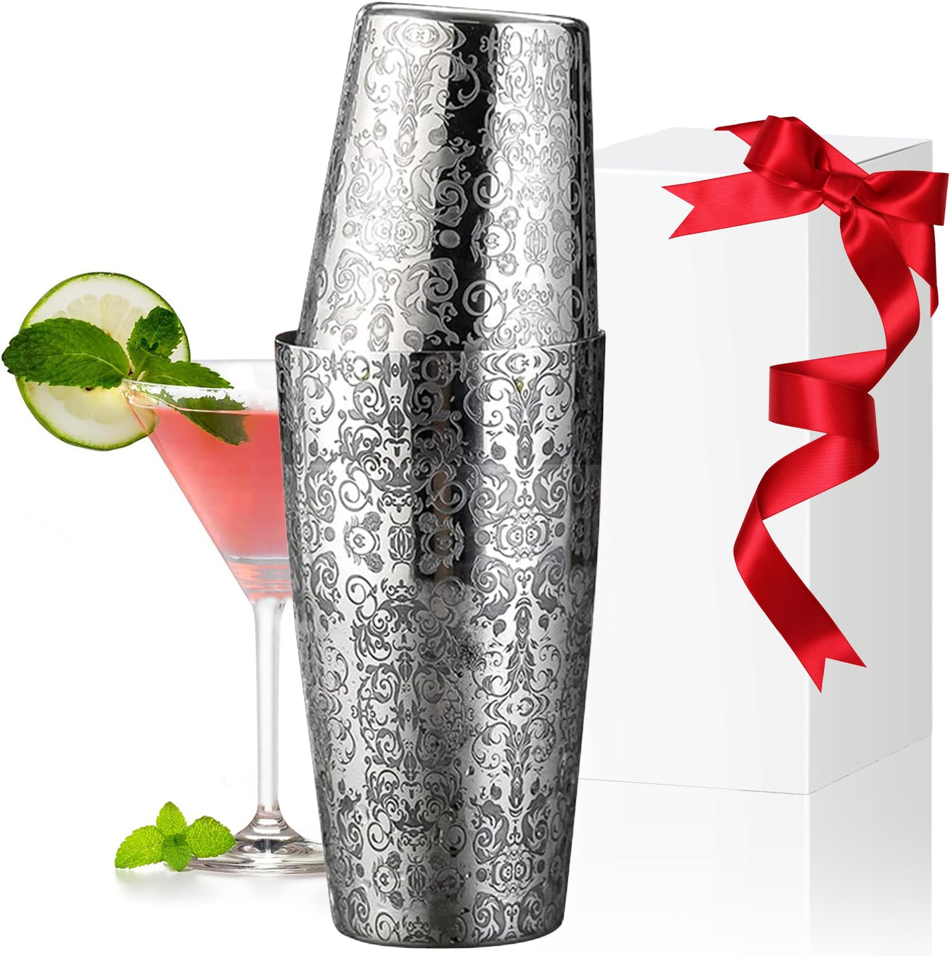 Boston Cocktail Shaker Set - 18oz & 28oz Stainless Steel Professional Two-Piece Bartender Kit, Martini Shaker for Home Bar with Etched Pattern(Royal Pattern)