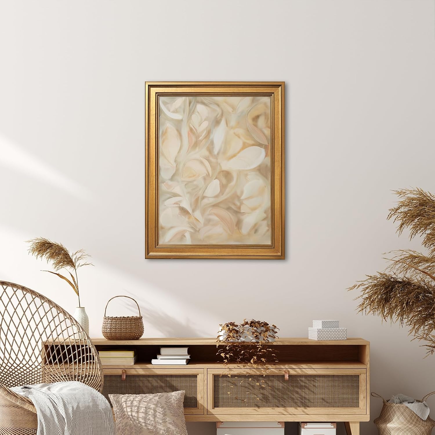 Large Framed Abstract Floral Wall Art Canvas Print Neutral Beige Botanical Poster Petal Texture Flower Illustration Picture Artwork Modern Minimalist Elegant Decor for Living Room Office 24x36inch