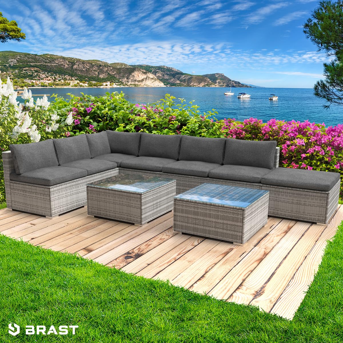 BRAST Gartenmöbel Lounge Set | 6-7 Personen viele Modelle & Farben | inkl. extra Dicke Kissen | Outdoor Loungemöbel Sitzgruppe Essgruppe Garnitur | Relax Grau
