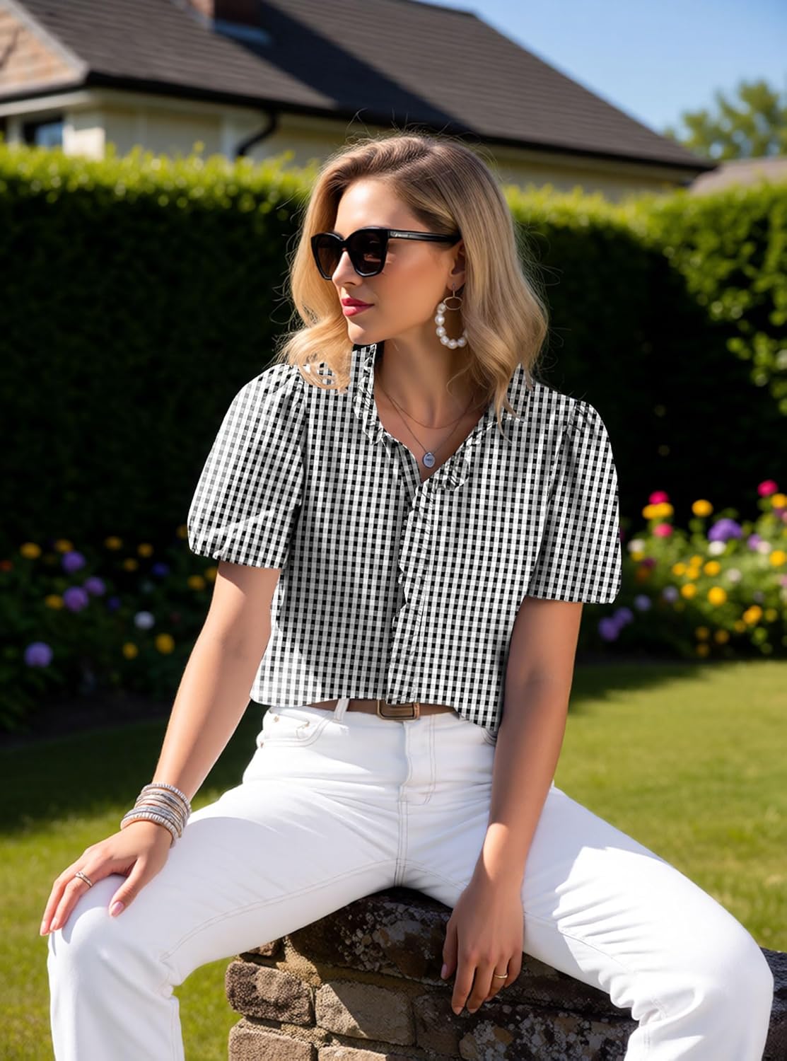 Disamer Womens Puffy Sleeves Tops Button Down Shirt Ruffle Shirt Short Striped Work Tops Trendy Babydoll Stand Collar Blouse - Image 5