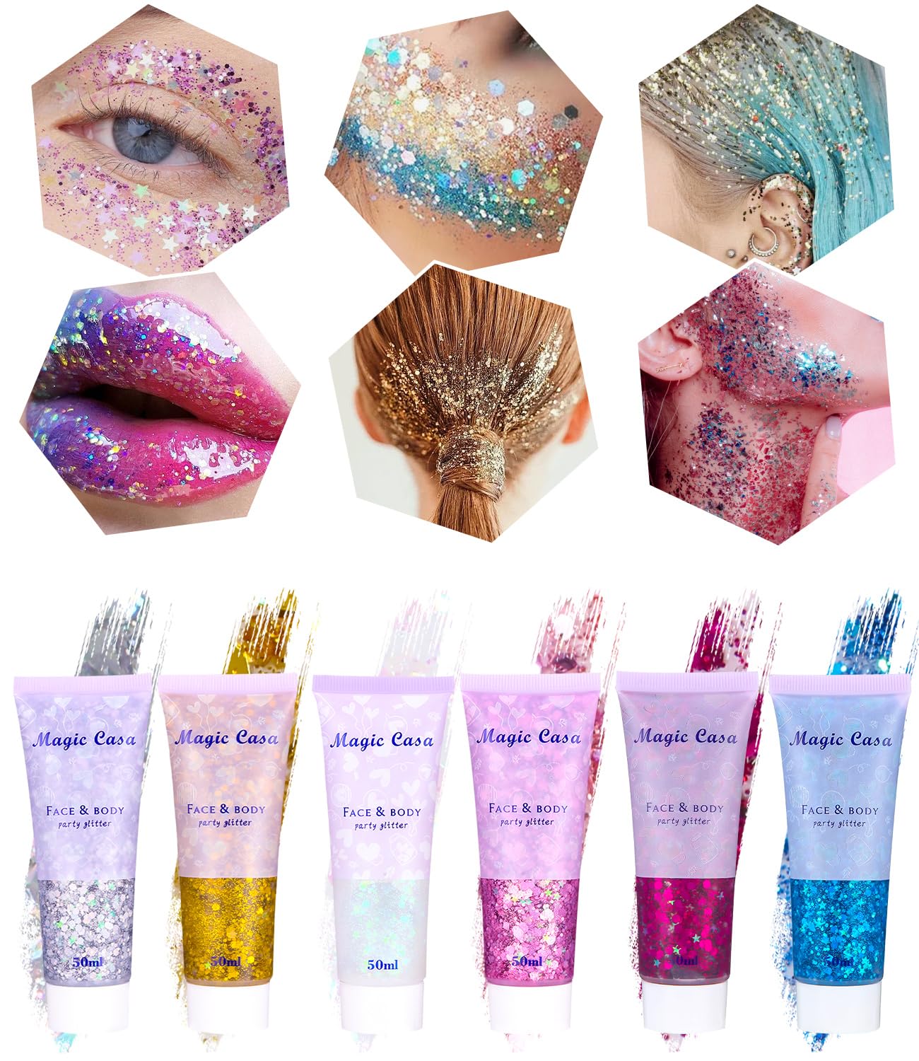 TIDEVAN 6 Piezas Gel Chunky Glitter Corporal Purpurina Gel Glitter Gel Purpurina Liquida para Maquillaje Festival para Purpurina Maquillaje, Purpurina Cara Festival para Pelo, Labios, Uñas (50ml)