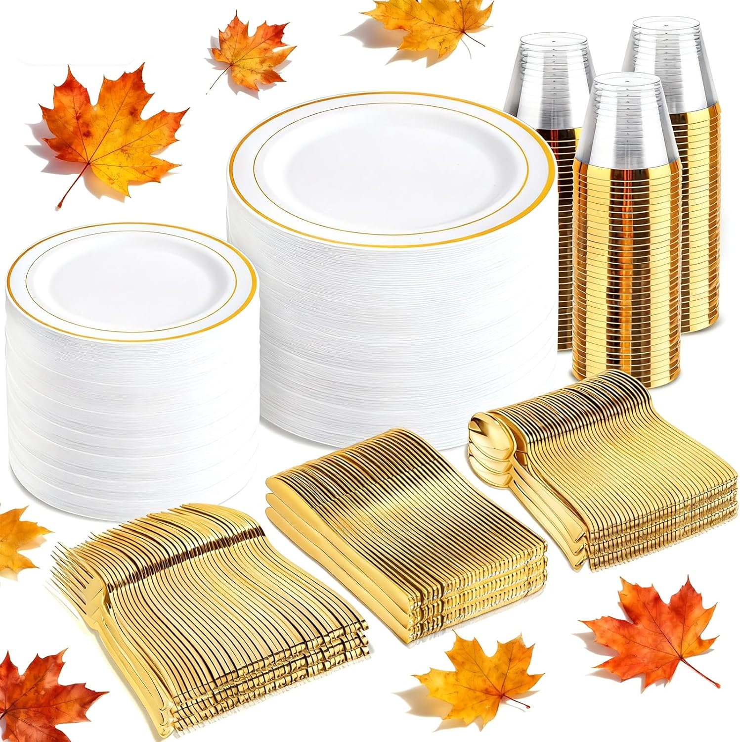 bUCLA 600Pcs White and Gold Plastic Plates - Gold Disposable Dinnerware Set for 100 Guests Include 100 Dinner & 100 Dessert Plates, 100 Cups, 100 Forks, 100 Spoons, 100 Knives for Thanksgiving 100 Guests Gold