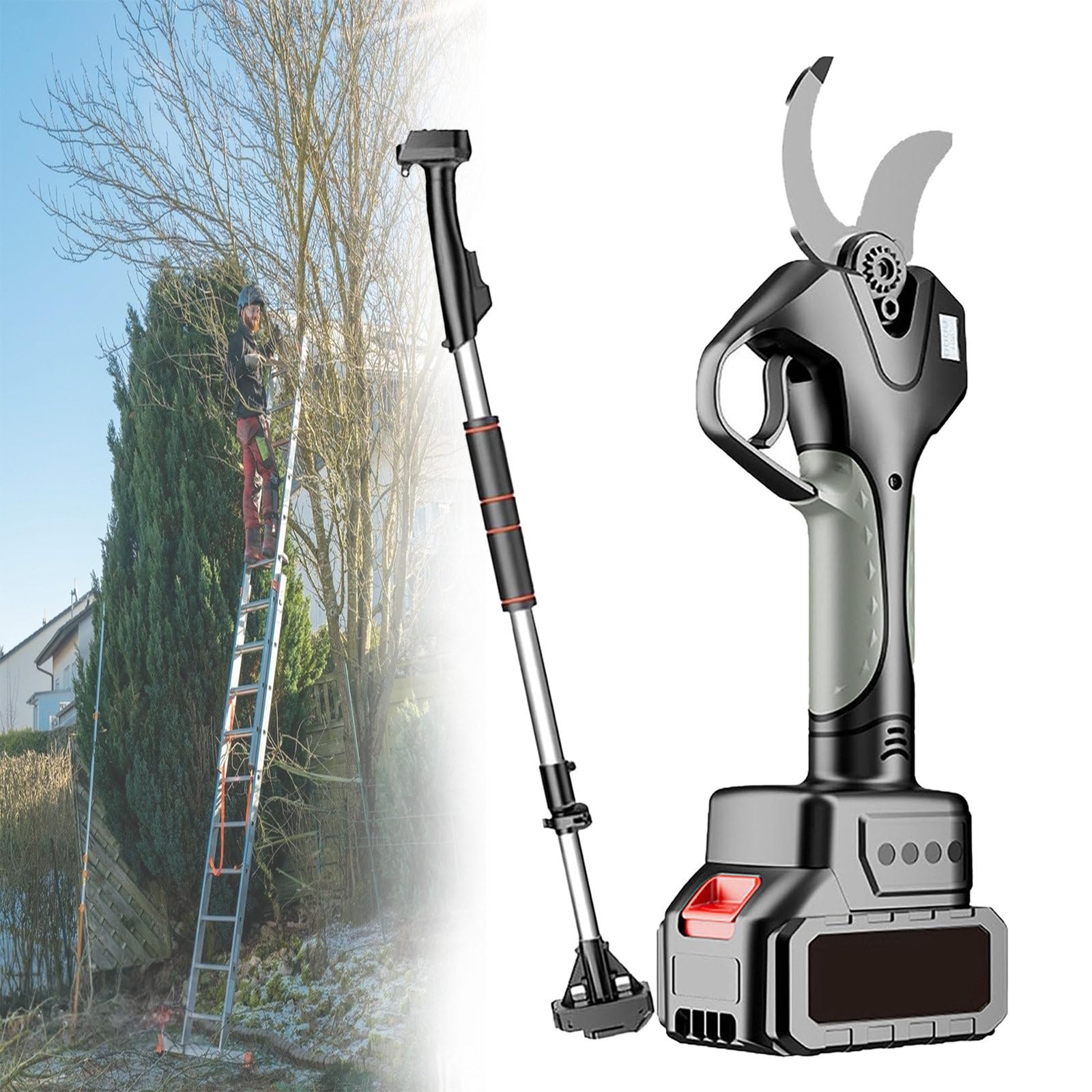 Tijeras De Podar Electricas 78mm, Tijeras De Podar Bateria para Jardinería Viñedos Árboles Frutales, Tijeras De Podar con Barra De Extensión 2,1m, 2 Recargable Litio Batería